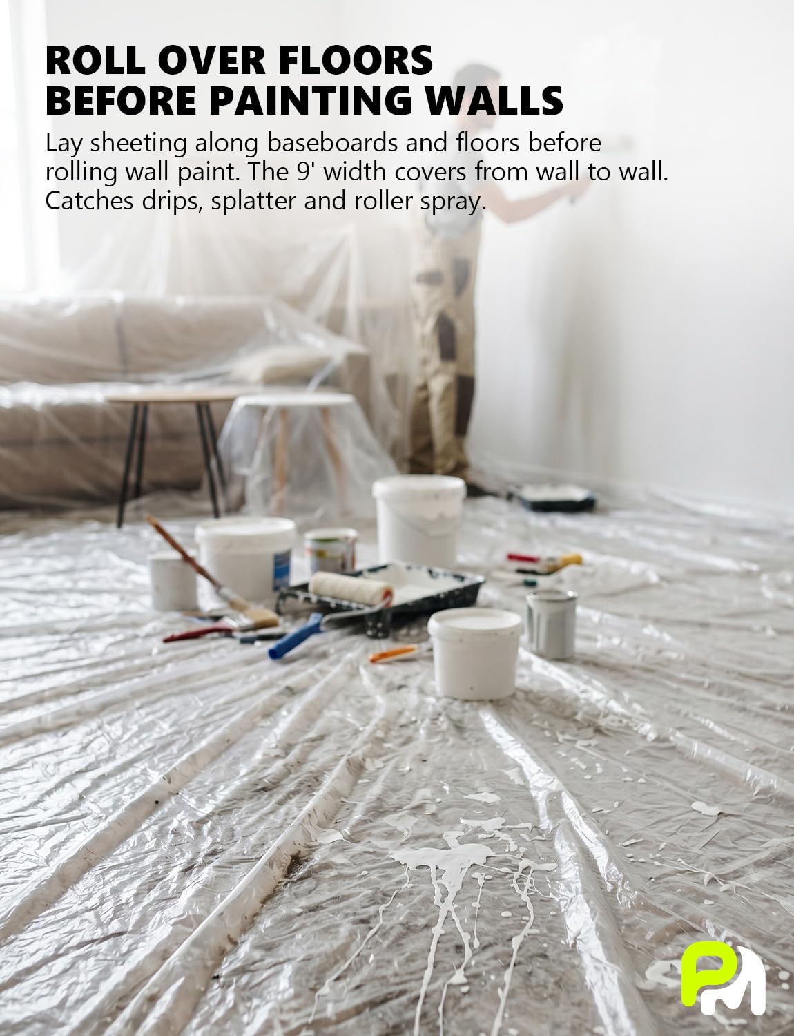 9' x 400' Clear Painters Plastic Sheeting Roll with Dispenser Box | 0.31 Mil Plastic Drop Cloths Painting Supplies, Dust-proof Waterproof Covering Film for Renovation Furniture Floor Masking