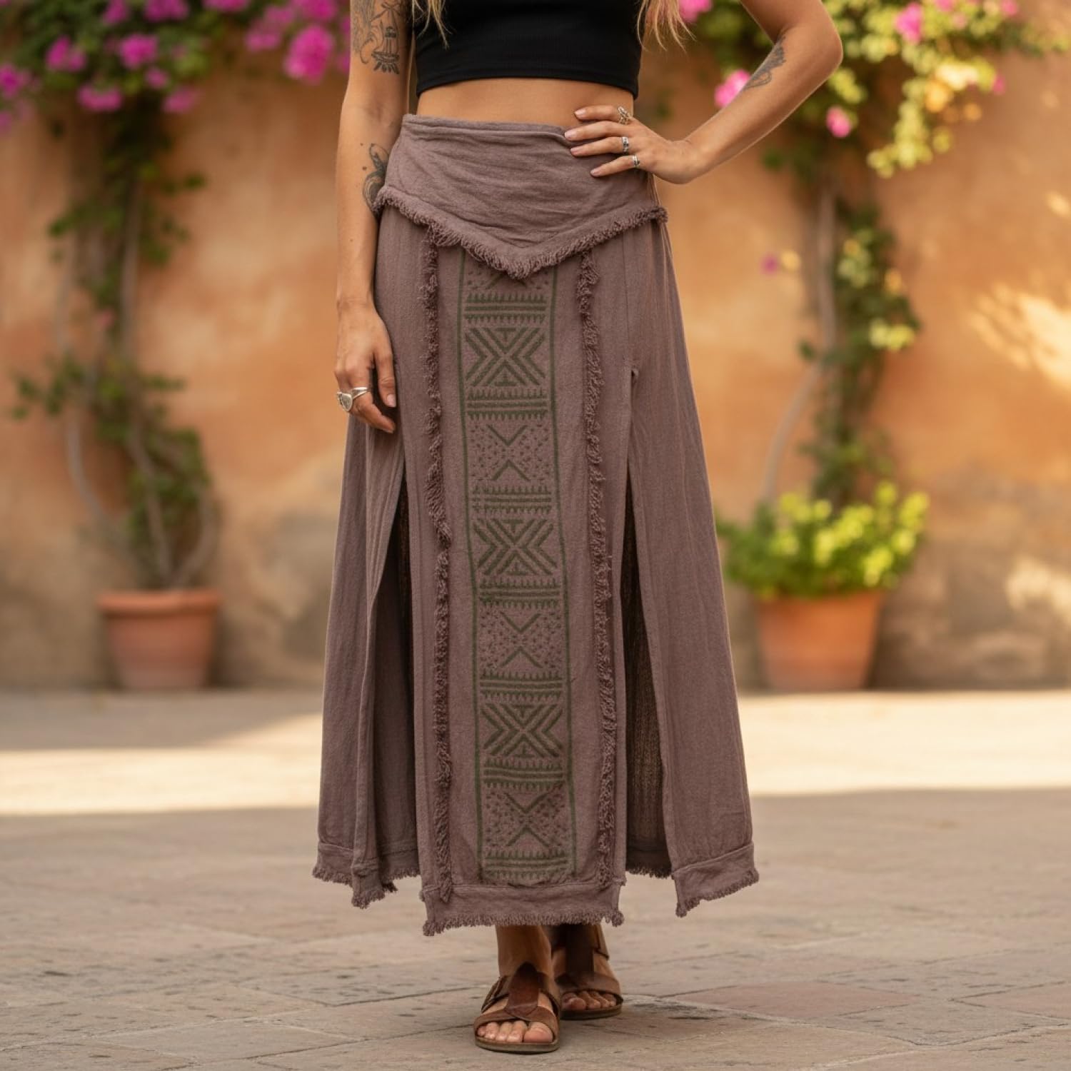 GURU SHOP Falda de panel largo, falda abierta de verano, falda étnica, para mujer, marrón, algodón, talla: 38