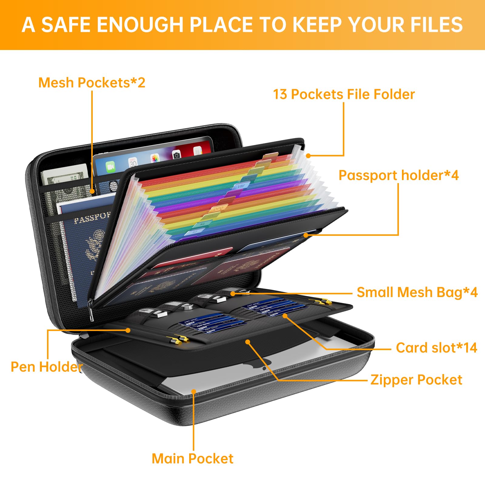 DocSafe Organizer per documenti ignifugo con serratura, custodia rigida ignifuga, con 13 tasche a fisarmonica, portatile, per casa, ufficio, viaggi, per documenti importanti, laptop, nero