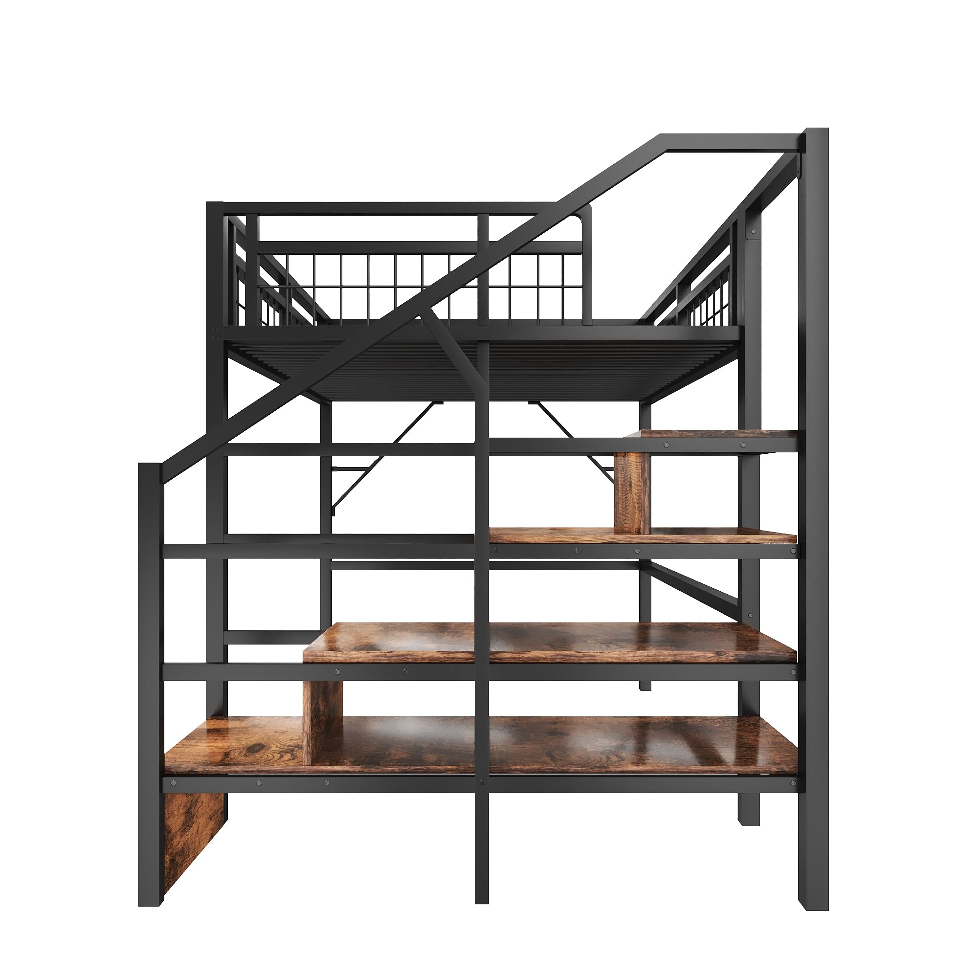 Letto a soppalco in metallo 140 x 200 cm, con luce LED, Letto matrimoniale a soppalco, spazio utilizzabile sotto il letto, scala di sicurezza con vano contenitore, Nero (materasso non incluso)