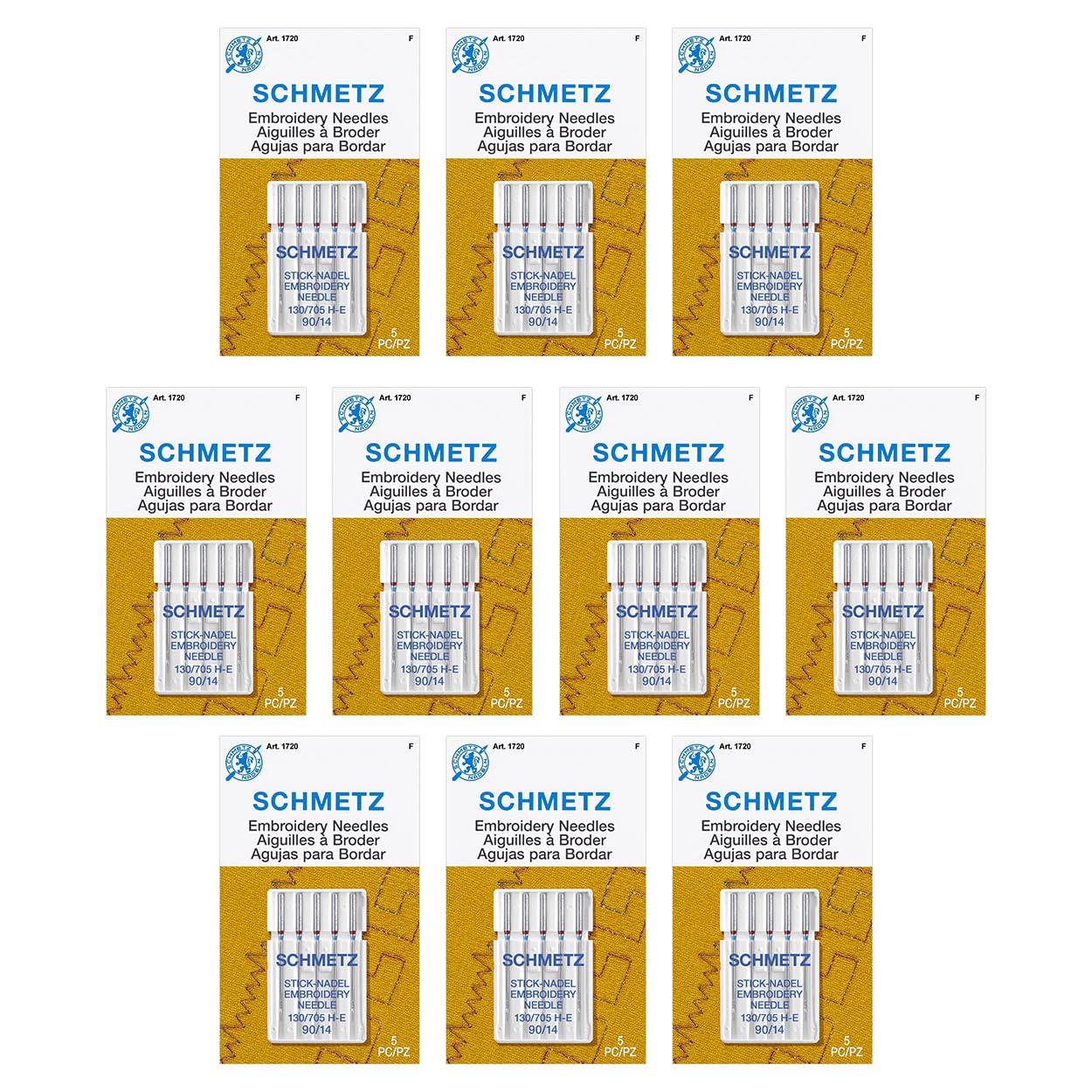 50 agujas de máquina de coser Schmetz para bordar, tamaño 90/14, caja de 10 tarjetas