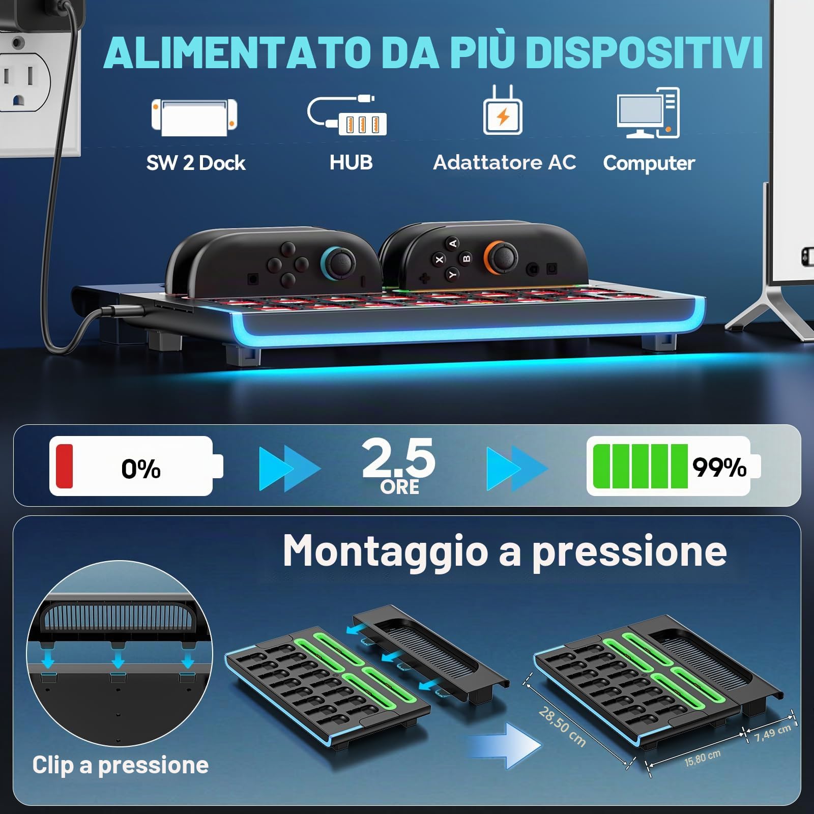 Base di Organizzazione per Switch 2 Controller e Console, Dock di Ricarica Magnetica Joy-con 2 con 9 Modalità RGB, Dock di Archiviazione Nintendo Switch 2 con 16 Slot per Schede di Gioco