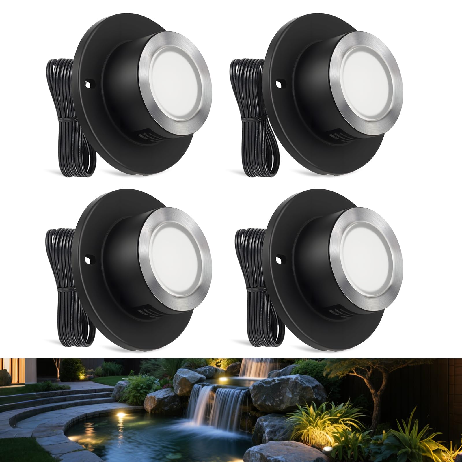SMY Lighting 3W LED Pond Lights 12-24V AC/DC Low Voltage Underwater Fountain Lights 3000K Warm White IP68 Waterproof for Outdoor Ponds Fountains Waterfalls, 4 Pack