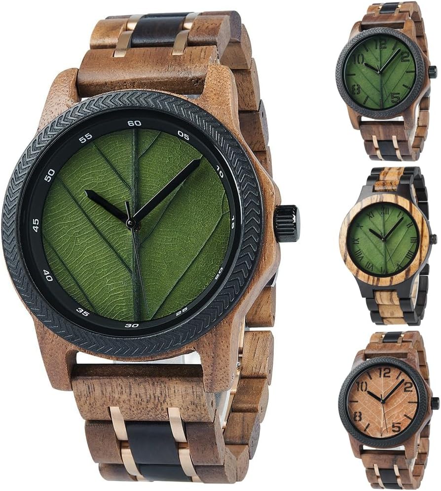 EBONY Wood Watch for Men Natural Wooden Japanese Quartz Minimalist Style Mens Wristwatch Unique Real Leaf Vein Dials Lightweight Casual Watches