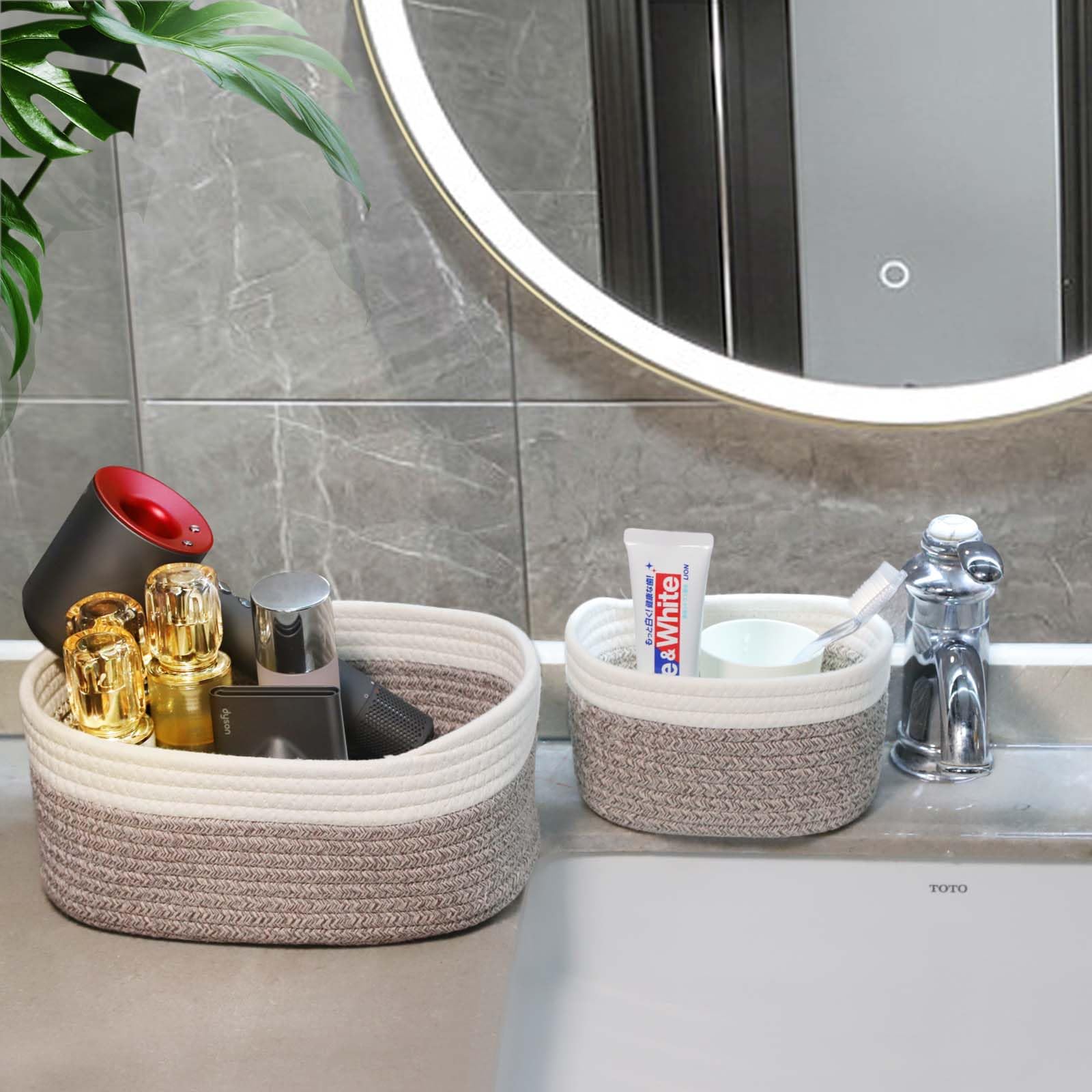 HDRNT Set di 4 cestini portaoggetti intrecciati in corda di cotone, cestino con manico, portaoggetti impilabili, cestini e contenitori per la cameretta dei bambini, organizer da bagno