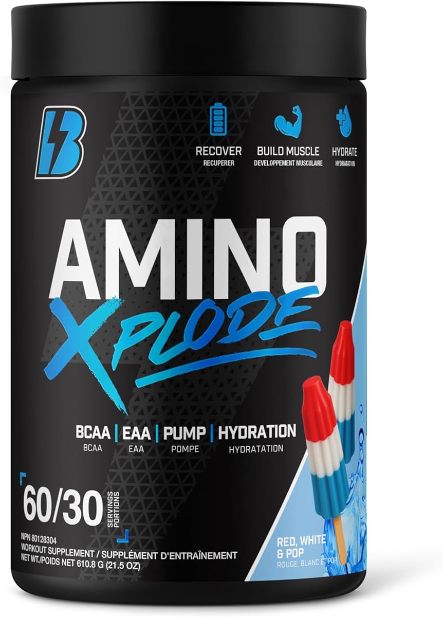 BULL Nutrition Amino Xplode – 12g EAA/BCAA + 4.5g Pump & 500mg Electrolyte Hydration Blend – Made in Canada – 60/30 Servings – Rocket Pop Flavour (Red, White & Pop)
