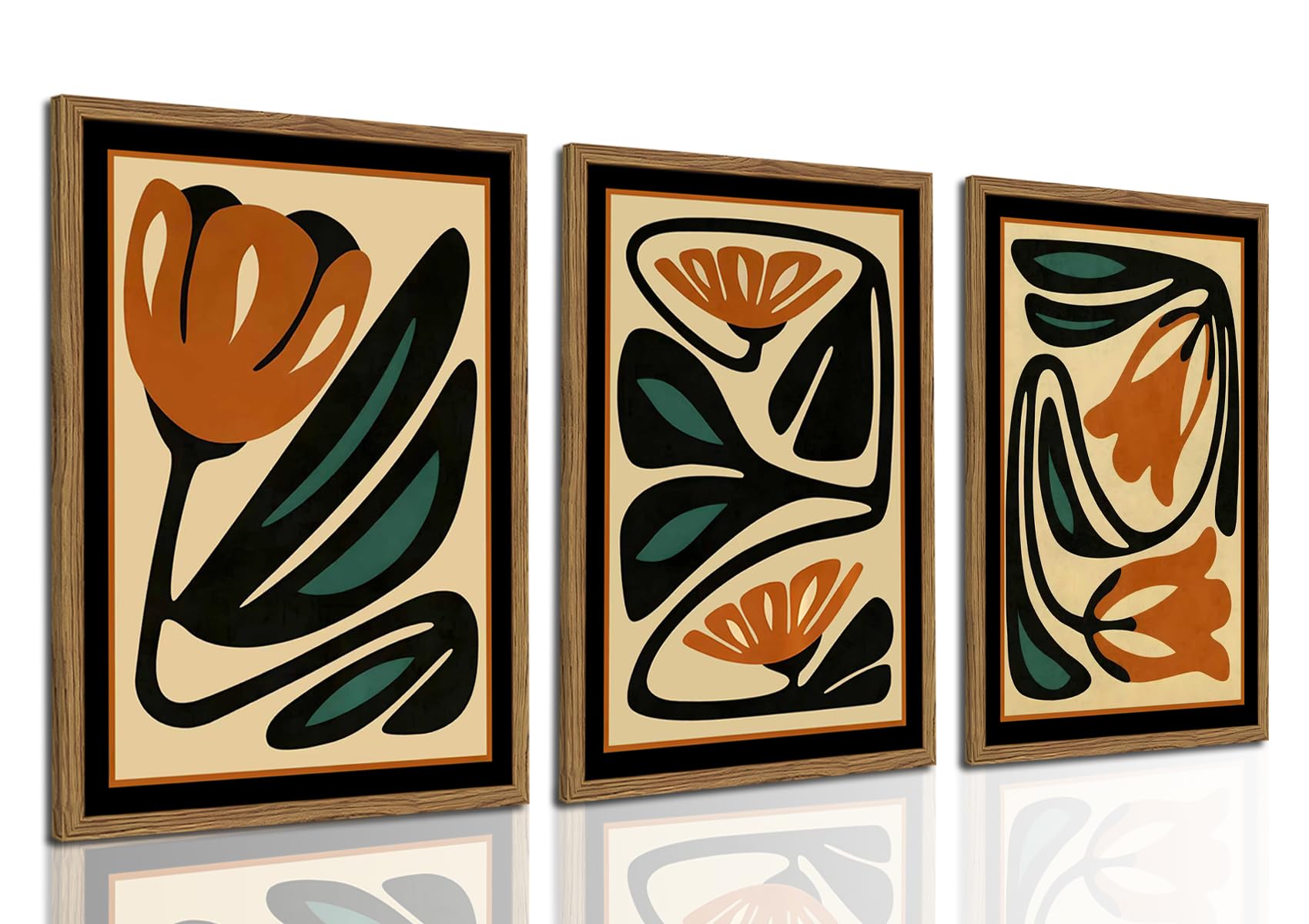 Mid Century Floral Wall Art Set of 3, Modern Abstract Botanical Wall Decor Picture, Vintage Boho Eclectic Plant Canvas Prints Paintings for Bedroom Living Room 12x16 inch Framed