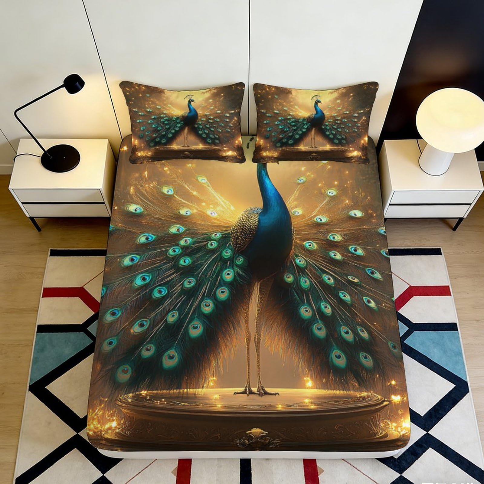 Pnayamiorkfel Style-2 3D Printed Peacock Art Fitted Sheet Microfiber Soft Touch Golden Feathers Bed Cover For Bedroom Dorm Mattress Decor 90X200x25cm