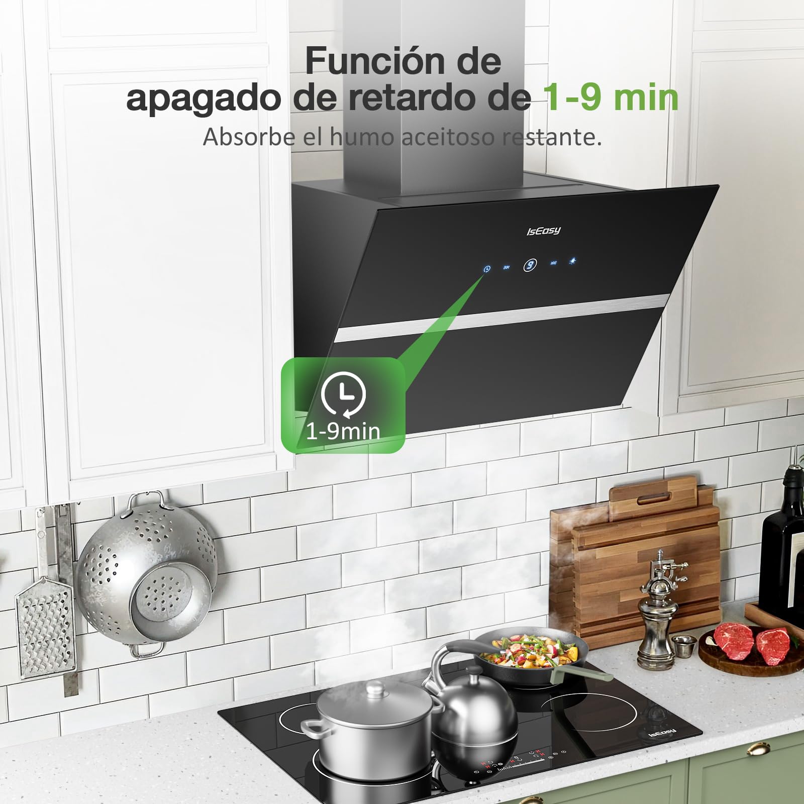 IsEasy Cappa Cucina 60cm, Cappa Aspirante di Scarico/Ricircolo con 578 m³/h Forte Potenza di Aspirazione, 4 Livelli di Regolazione, Funzionamento Touch, 58 dB, Nero, Efficienza A++