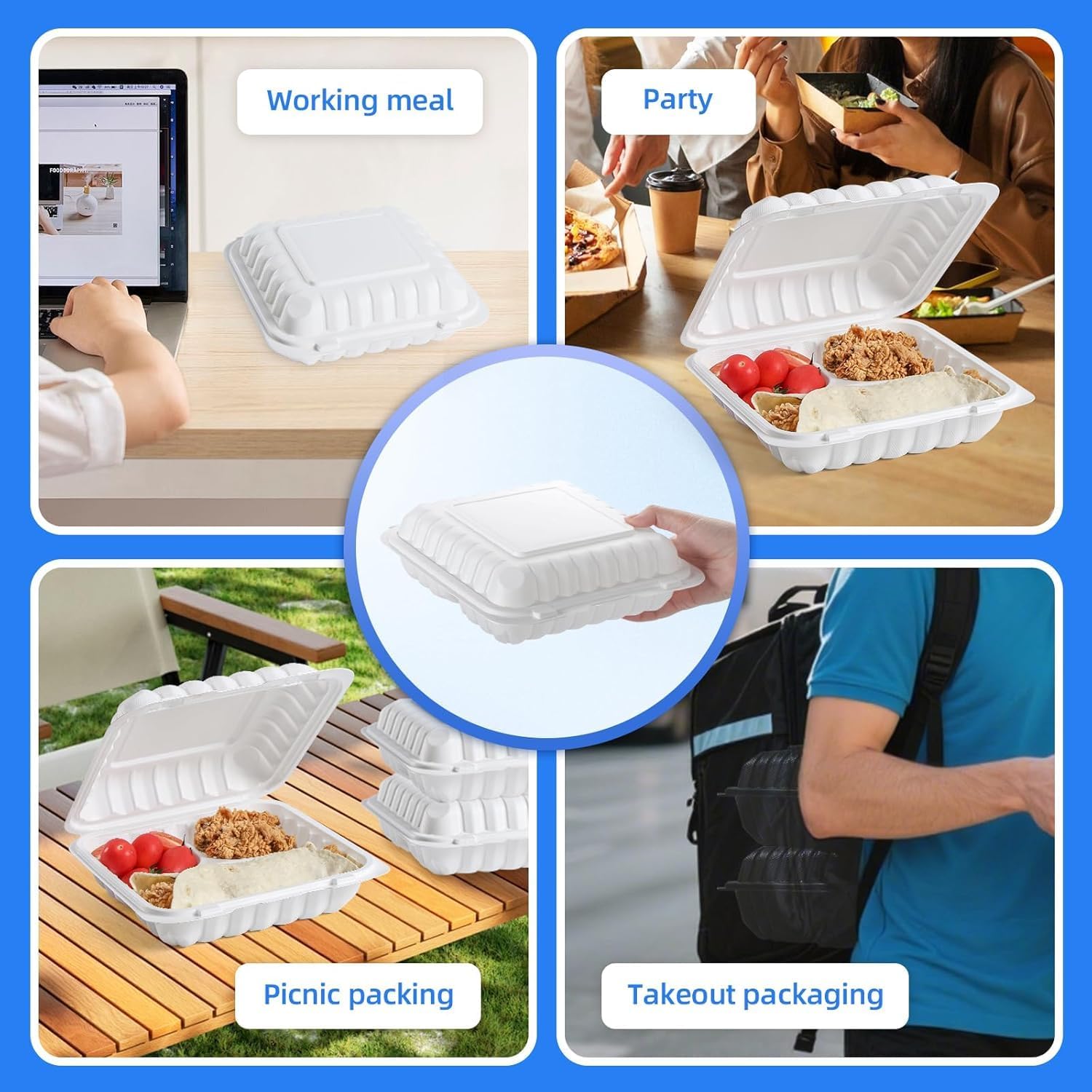 50 Pcs Clamshell Food Storage Containers To Go Disposable Lunch Box 8''x 8'' Plastic Meal Prep Take out Containers with Lids Packaging Catering Office Travel Restaurants Microwave Safe (3-Compartment)