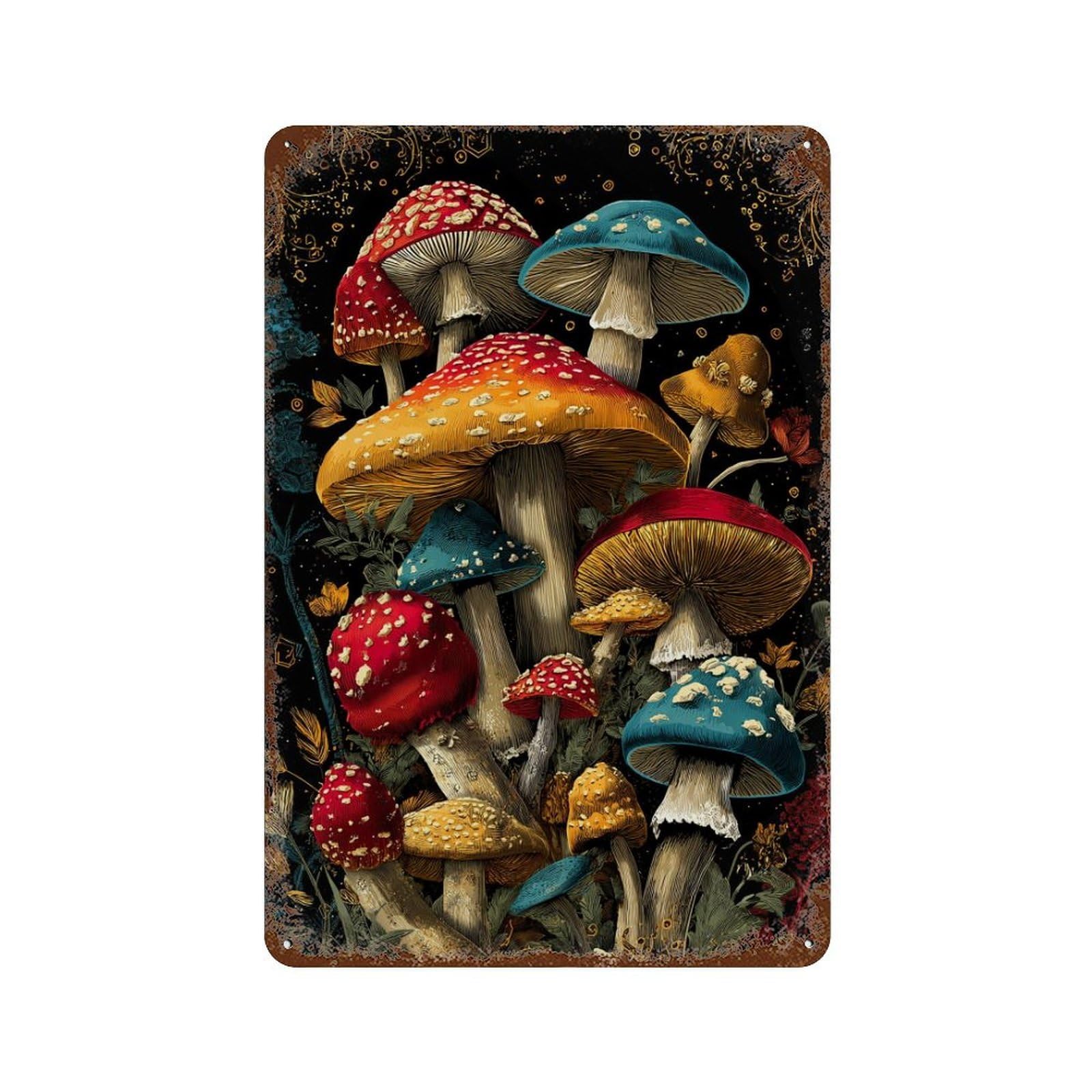 Colorful Fantasy Mushrooms Rustic Tin Plaque 11.8"x7.9", Vintage Wall Decor for Garage, Pub Or Kitchen