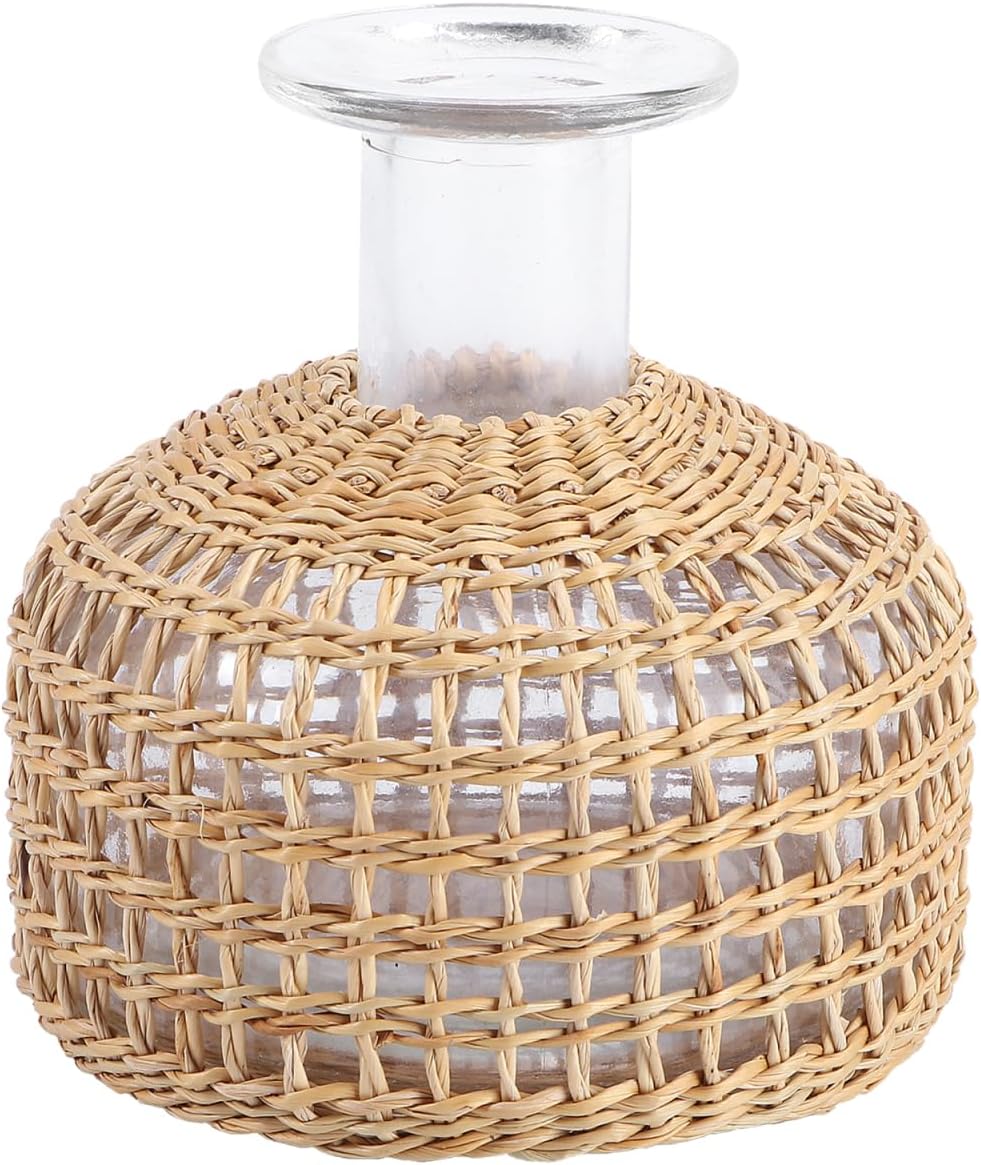 Cabilock Glass Flower Vase with Grass Woven Cover 4.13 Inch Small Decorative Vase for Dried Flowers Artistic Floral Arrangement Container for Home Office Restaurant Decor