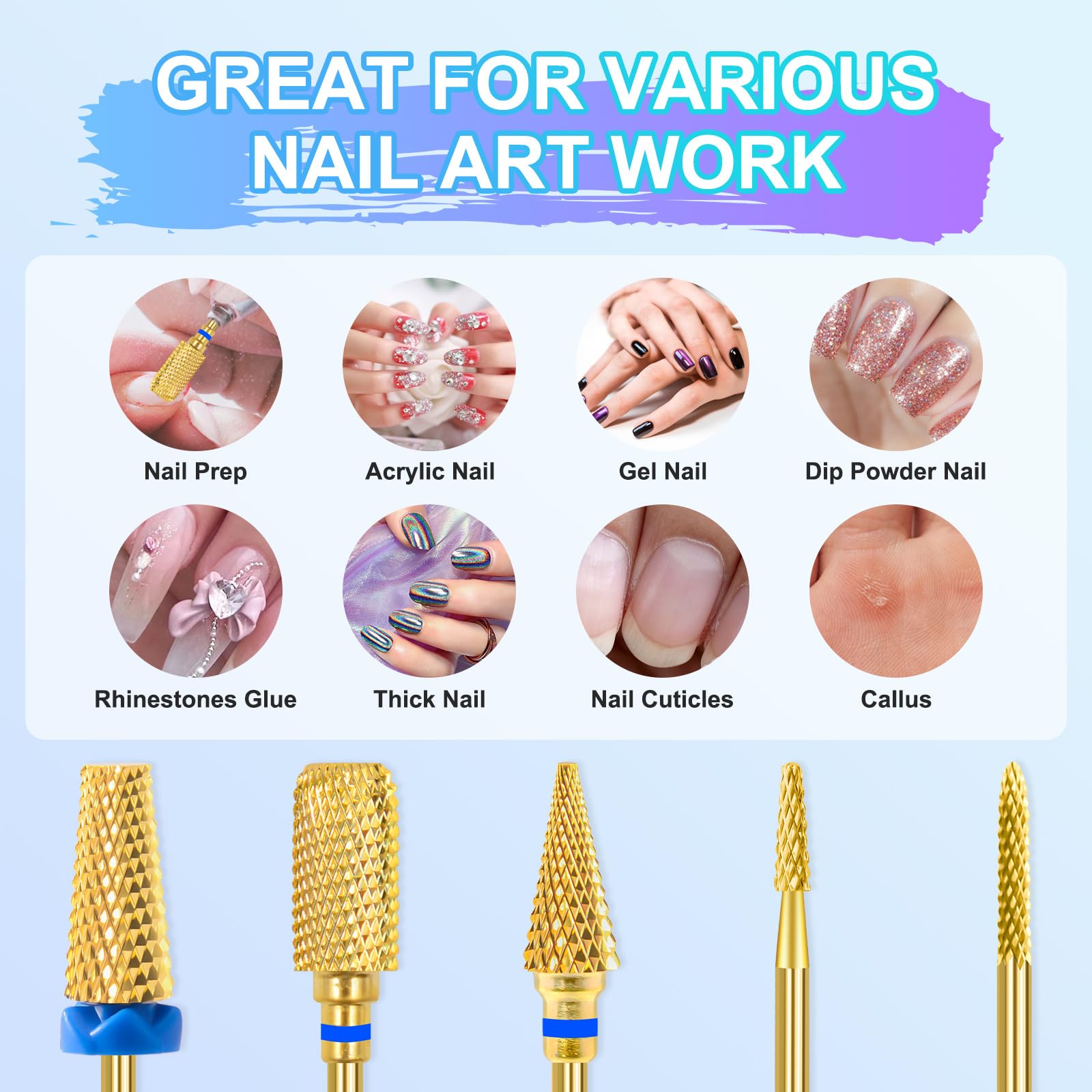 CGBE Fresas Torno para Uñas, 5 Piezas Brocas para Uñas Oro Profesional para Quitar Gel Acrílico Cutícula, 3/32 Pulgadas Broca Manicura Carburo de Tungsteno para Preparación de Uñas, Juego-B