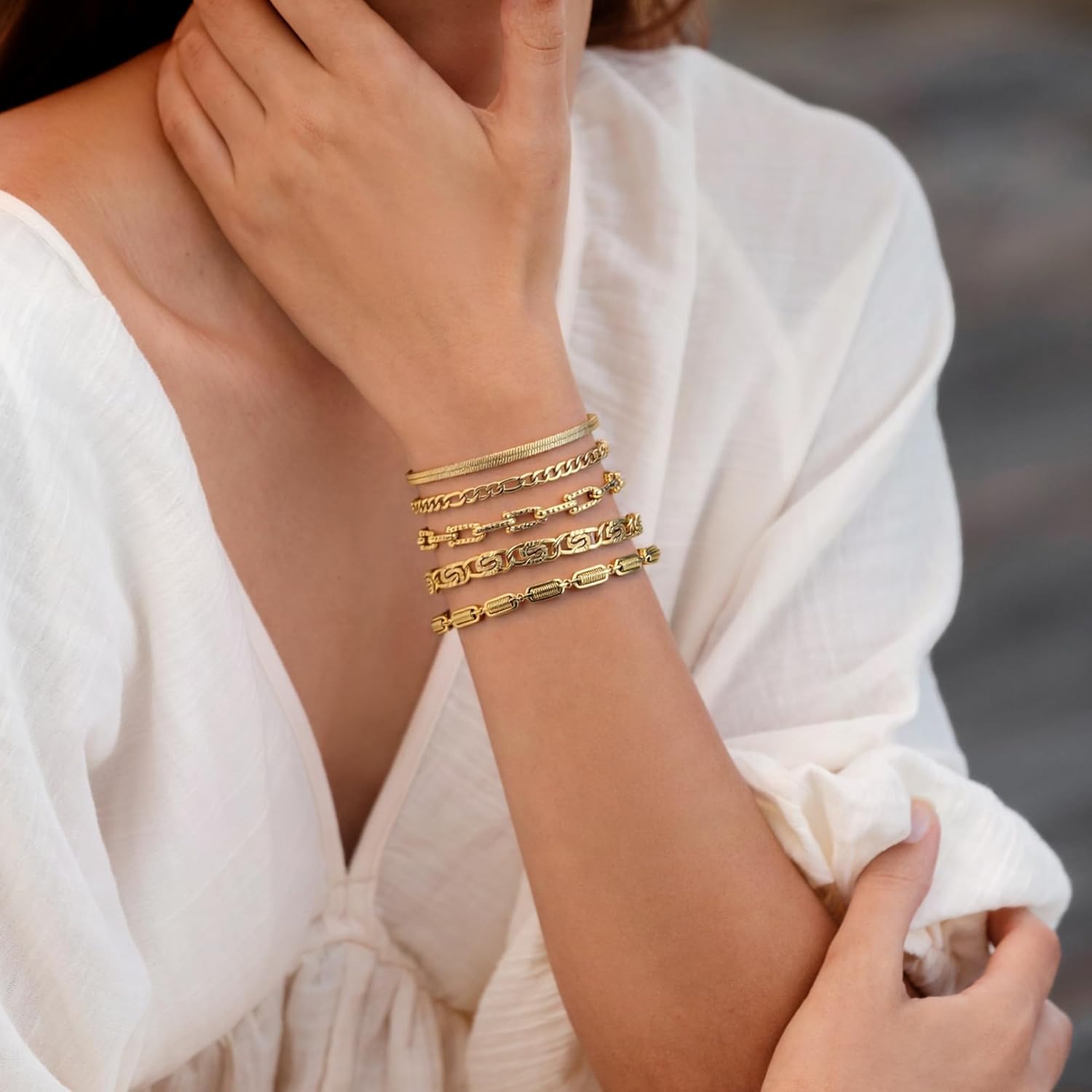 LETFLY 18K Gold Plated Bracelets Set for Women, Adjustable Stackable Paperclip Snake Link Chain Jewelry, Dainty Bracelet Gifts for Women - Image 2