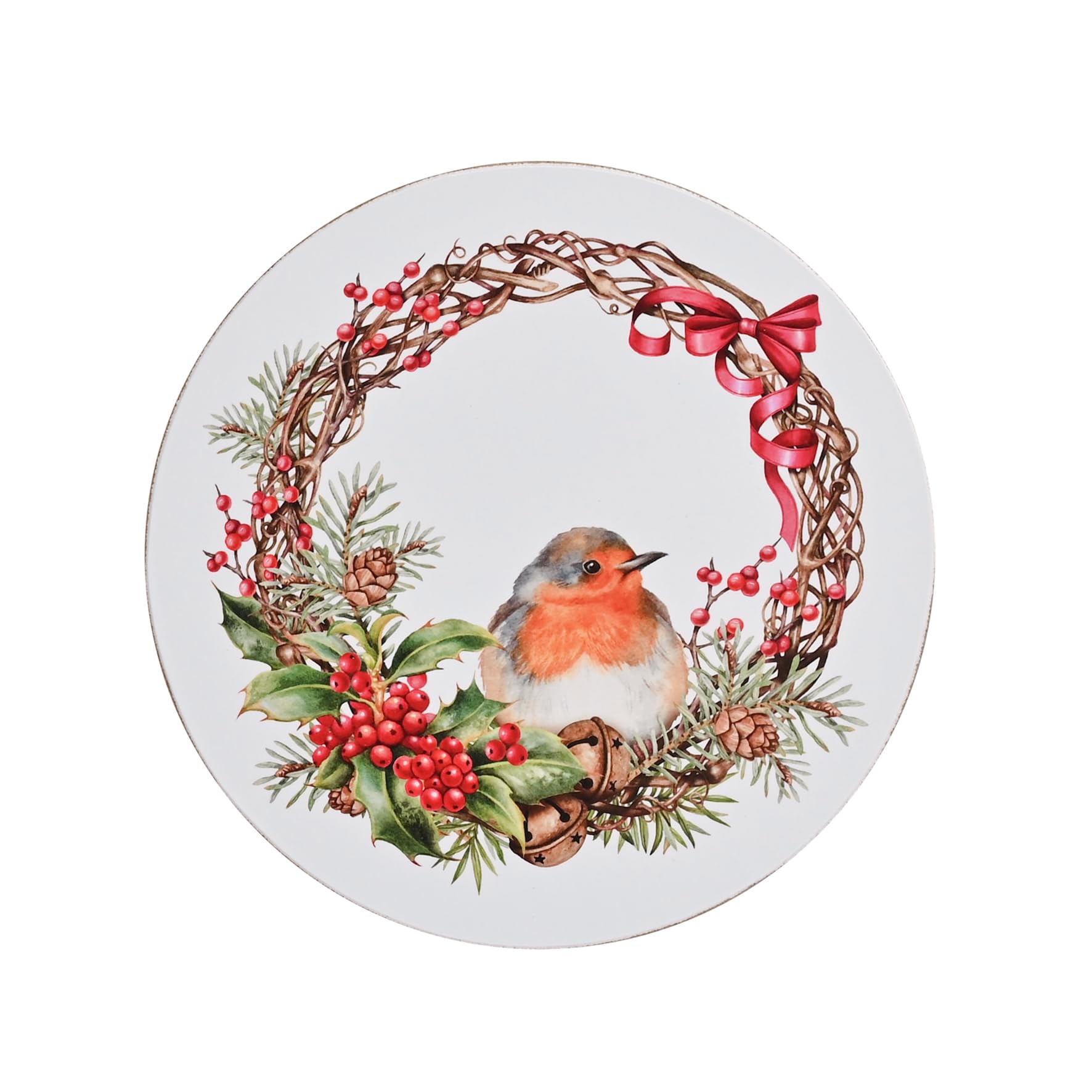 Widdop And Co Multicolour Widdop Set Of 4 Christmas Robin Round Coasters – Festive Wooden Coaster Set With Red-Breasted Robin & Holly Design – Country Christmas Tableware