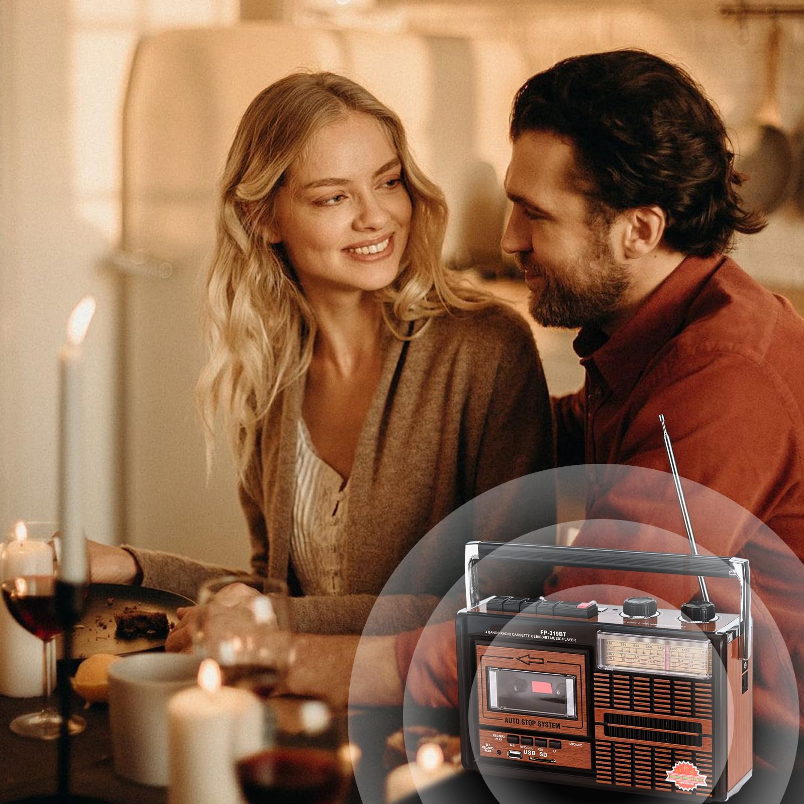 Lecteur et enregistreur de Cassettes rétro Portable Lychee avec Radio AM/FM/SW1-2 à Quatre Bandes, Haut-Parleur intégré, Prise Casque 3,5 mm, Prise SD/USB (F-319BT)
