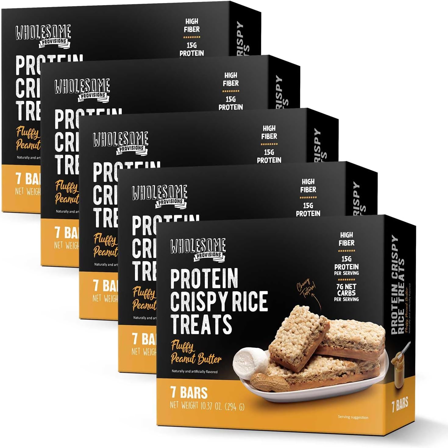 Protein Crispy Rice Treats, 15g Protein, 3g-7g Net Carbs, Low Carb, Fluffy, Soft, Chewy, Gluten Free, High Fiber, Keto-Friendly, No Aftertaste (Fluffy Peanut Butter, 5 Pack)