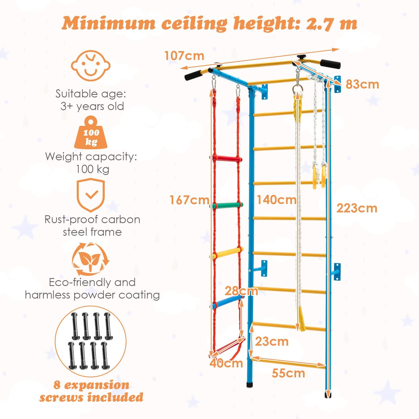 COSTWAY Échelle Murale Suédoise avec Barre de Traction & Échelle de Corde, Espalier Mural pour Enfants en Acier au Carbone avec Anneaux Gymnastique, Jeux d'escalade d'intérieur pour 3 Ans+