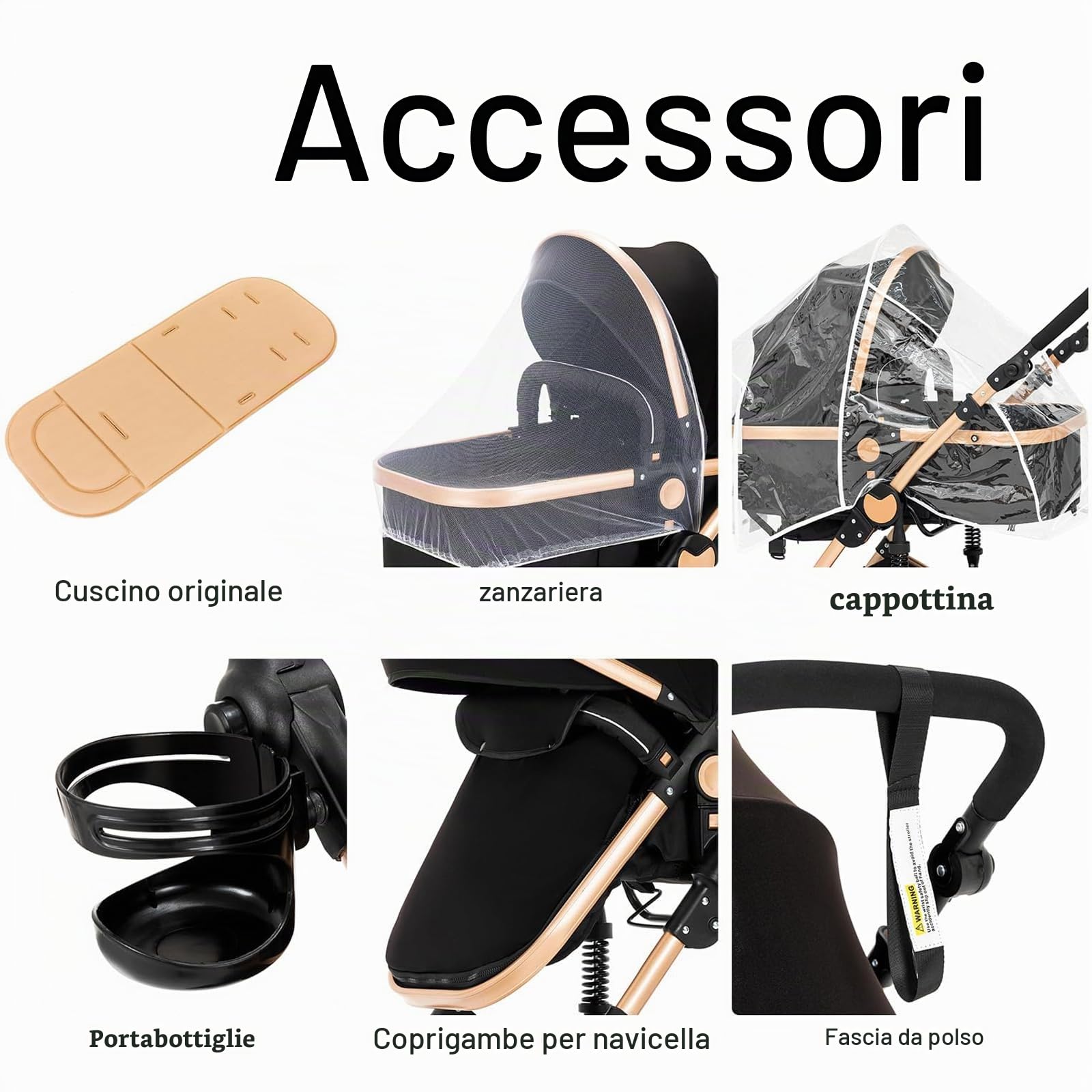 Passeggino 3 in 1, Passeggino Trio con Due Modalità di Spinta Reversibile, Trio Passeggino Neonati con Design Pieghevole in Un Clic, Trio Neonato con Grande Nacelle Comoda (588 Khaki)