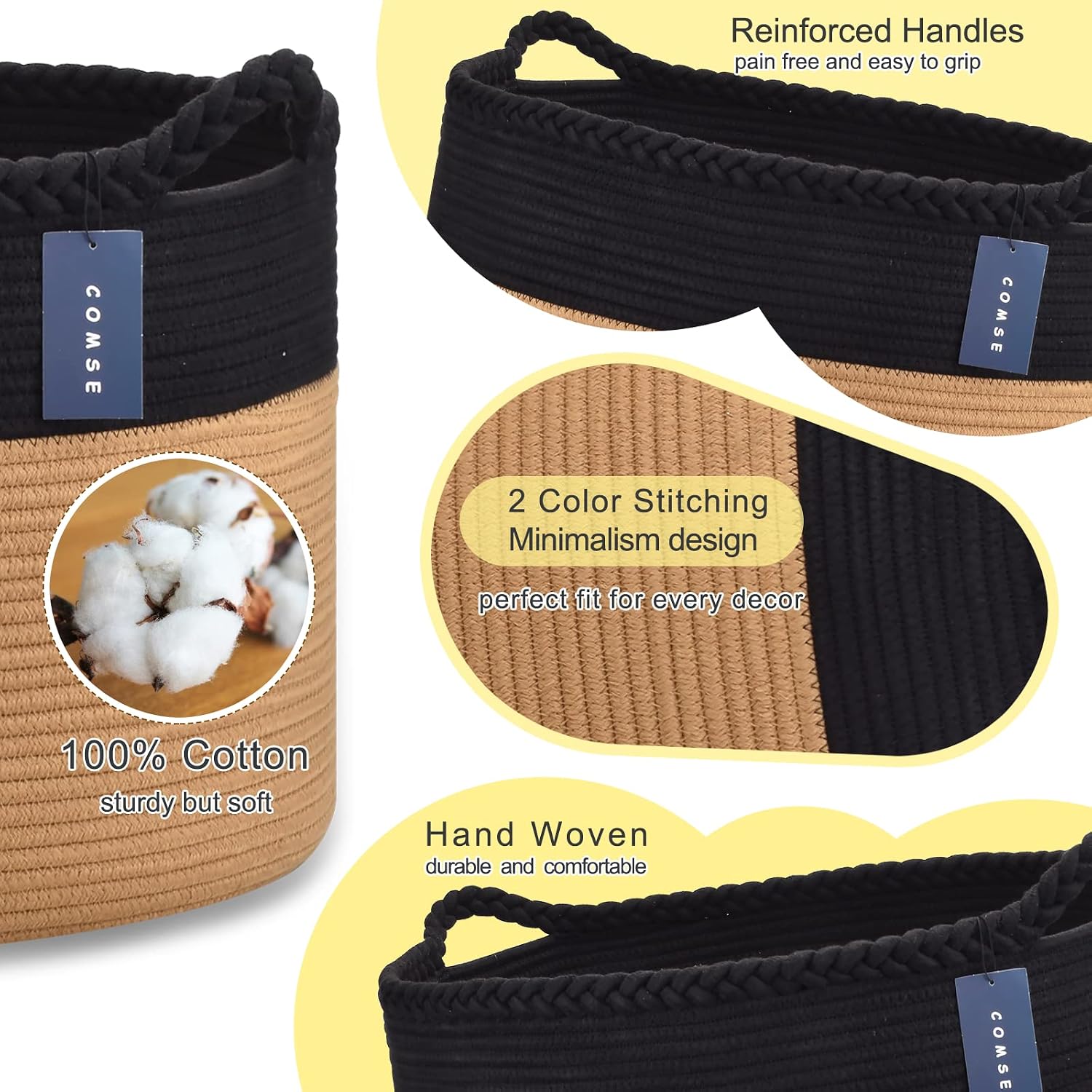 COMSE XXXLarge Woven Blanket & Laundry Basket, 87L, Black & Camel image 4