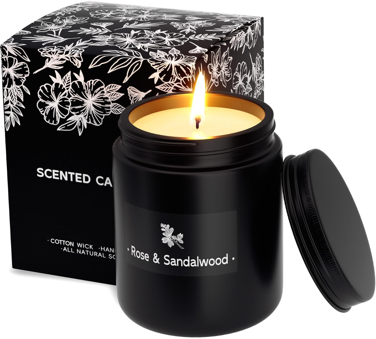 TranquilBliss Rose & Sandalwood Black Scented Candles for Men - 7.6oz Soy Wax Candle for Home Scented - Men Candle Gifts, Father's Day, Christmas Gift for Husband, Boyfriend, Father