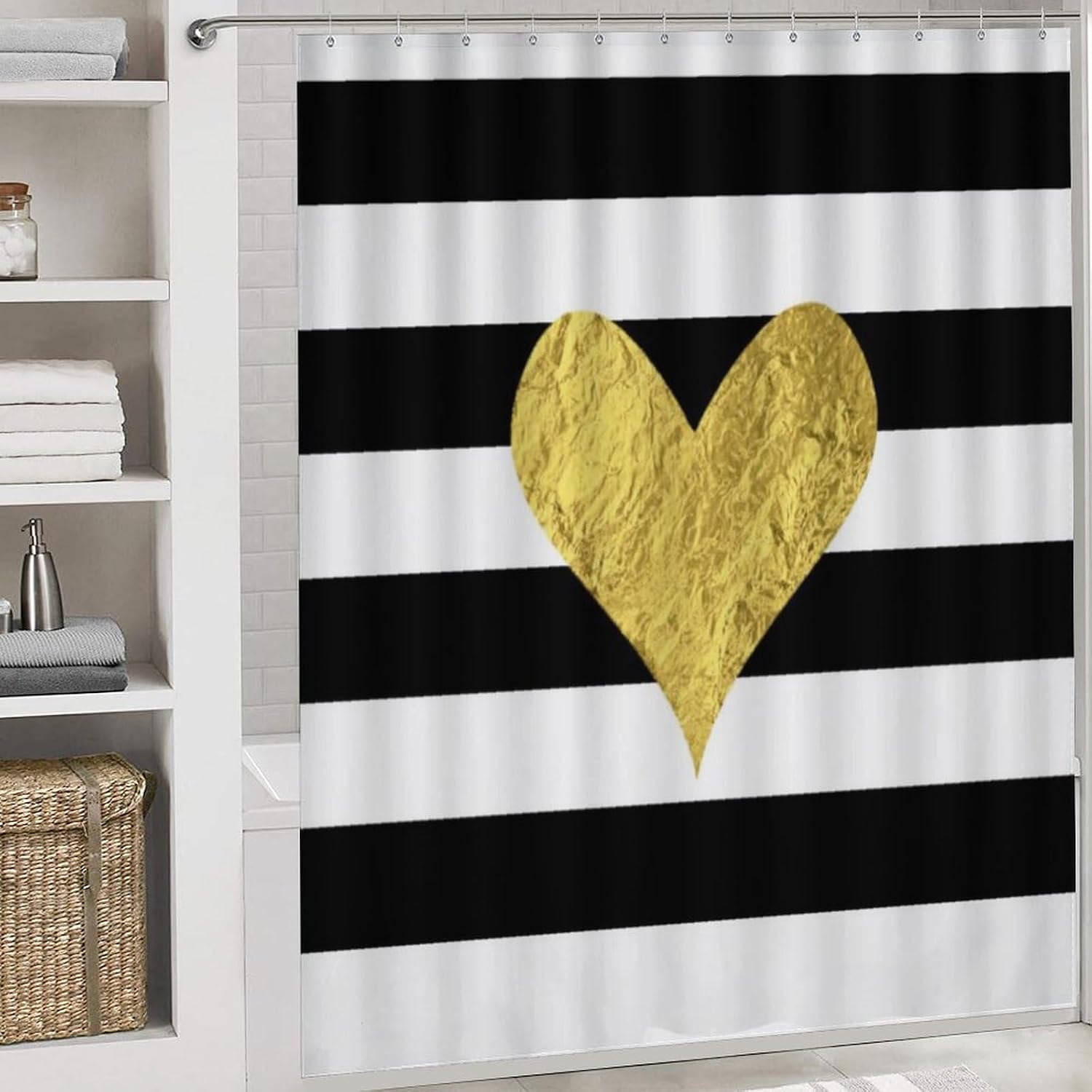 4Pcs Gold Foil Heart Shower Curtain Sets, Bathroom Set Decor with Non-Slip Bath Mat, Toilet Lid Rug and Contour Mat, 72 x 72inch