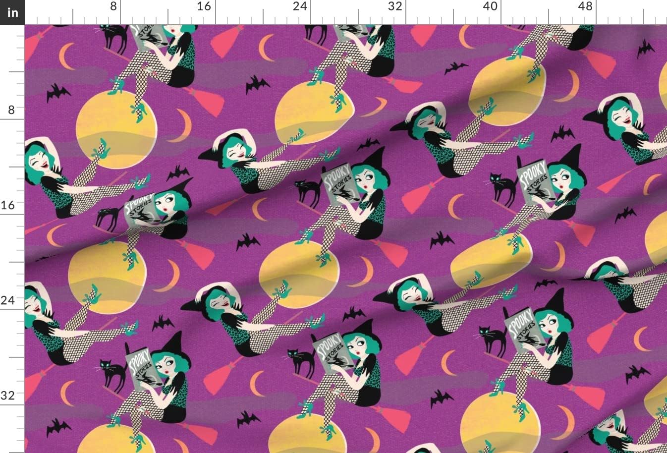 Spoonflower Fabric - Vintage Halloween Witch Girl Purple Green Moon Black Cat Cute Retro Printed on Minky Fabric by The Yard - Sewing Baby Blankets Quilt Backing Plush