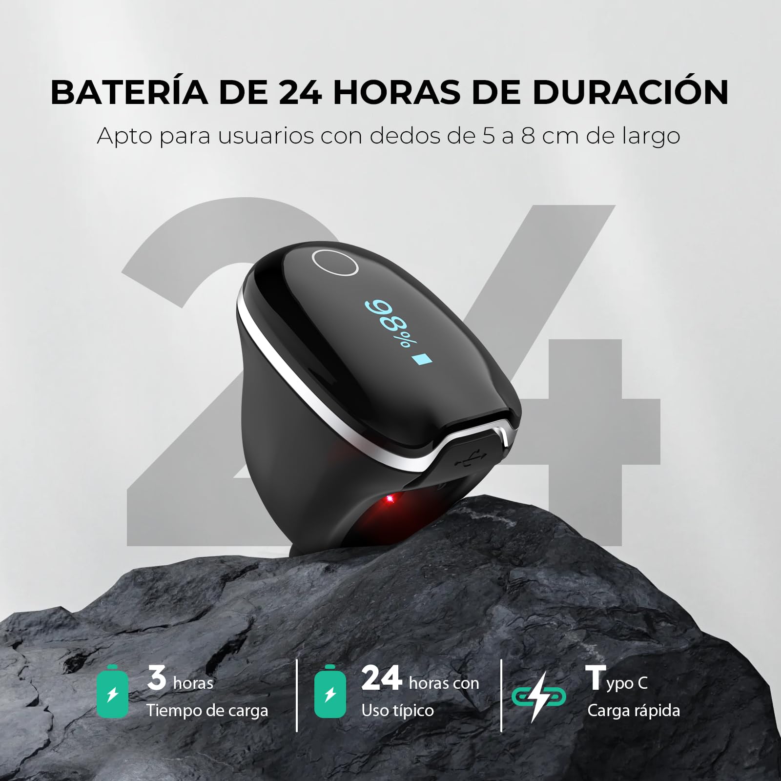 Wellue O2Ring-S - Oxímetro de pulso Bluetooth con vibración, 24 horas de duración de la batería, monitor de oxígeno para adultos, monitor de sueño con memoria integrada de 4 x 10 horas