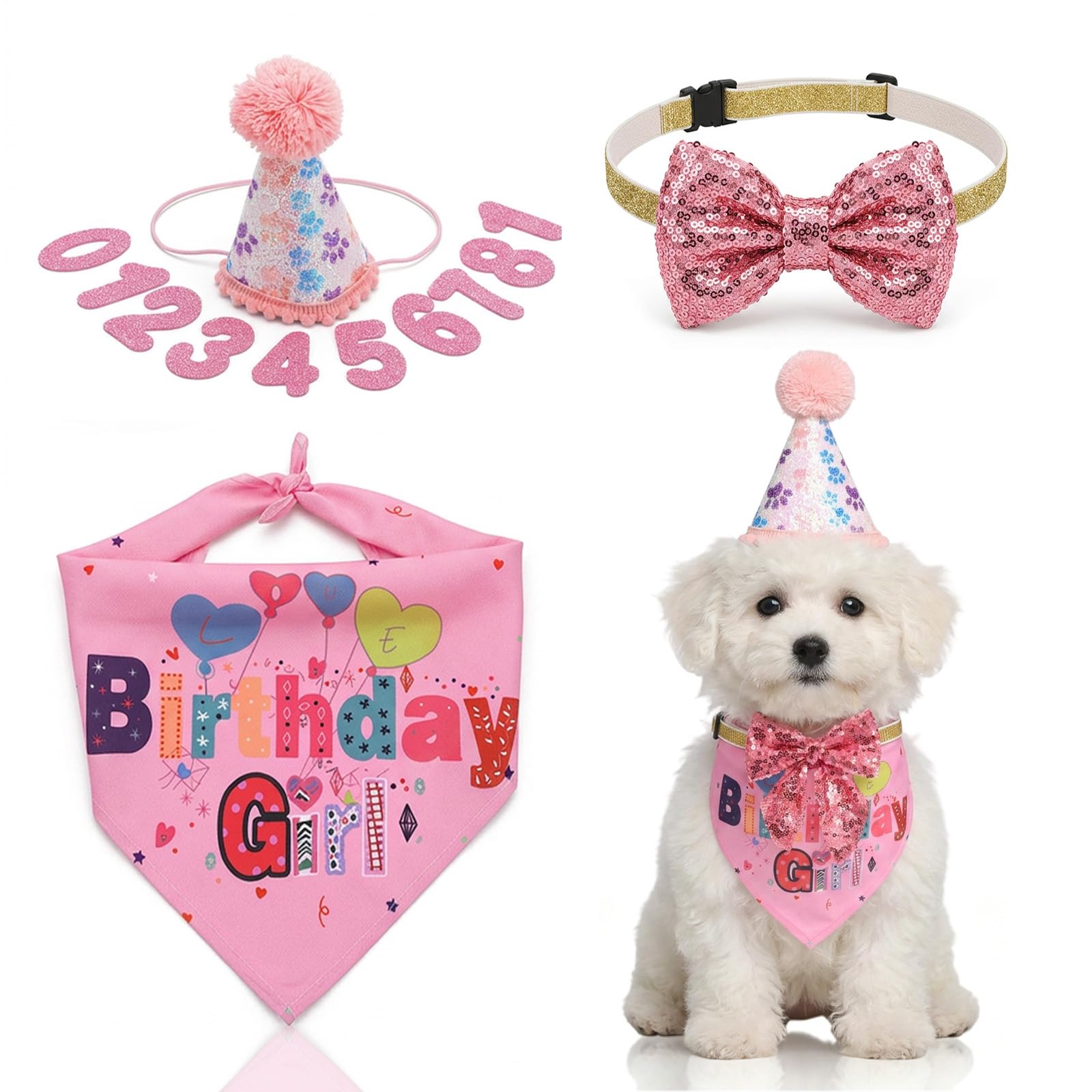 YUXMU Dog Birthday Hat And Bandana Set, Pink Party Hat With Numbers For Small Medium Large Dogs Pet Birthday Decorations Outfit(Pink)
