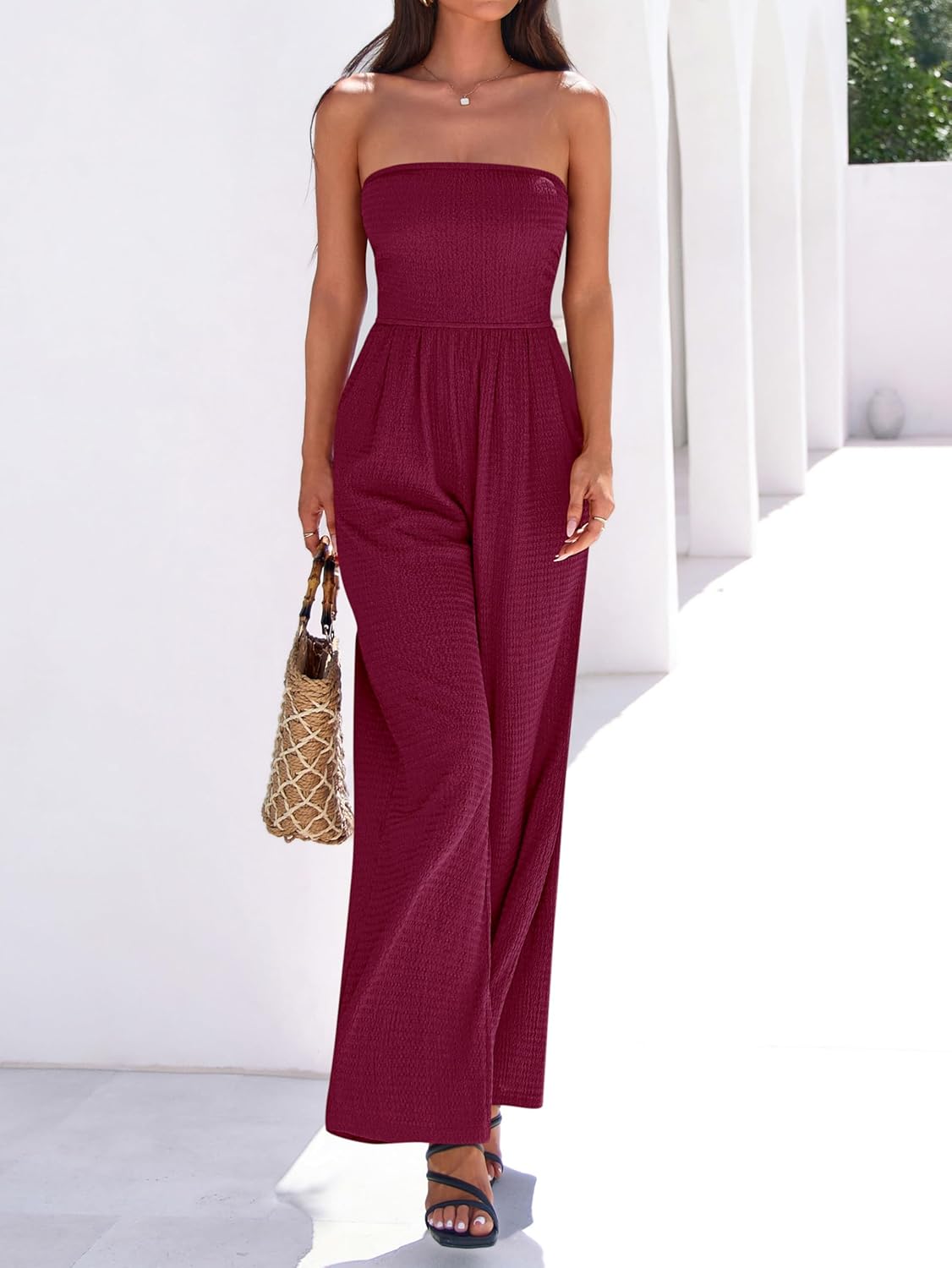 MASCOMODA One Piece Jumpsuits for Women Strapless Smocked Casual Rompers Long Pants with Pockets Vacation Summer Outfits - Image 5