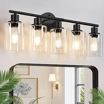 5-Light Bathroom Light Fixtures, Black Modern Vanity Lights with Clear Glass Shade, Bathroom Wall Lamp for Mirror Kitchen Living Room Hallway Cabinet Porch