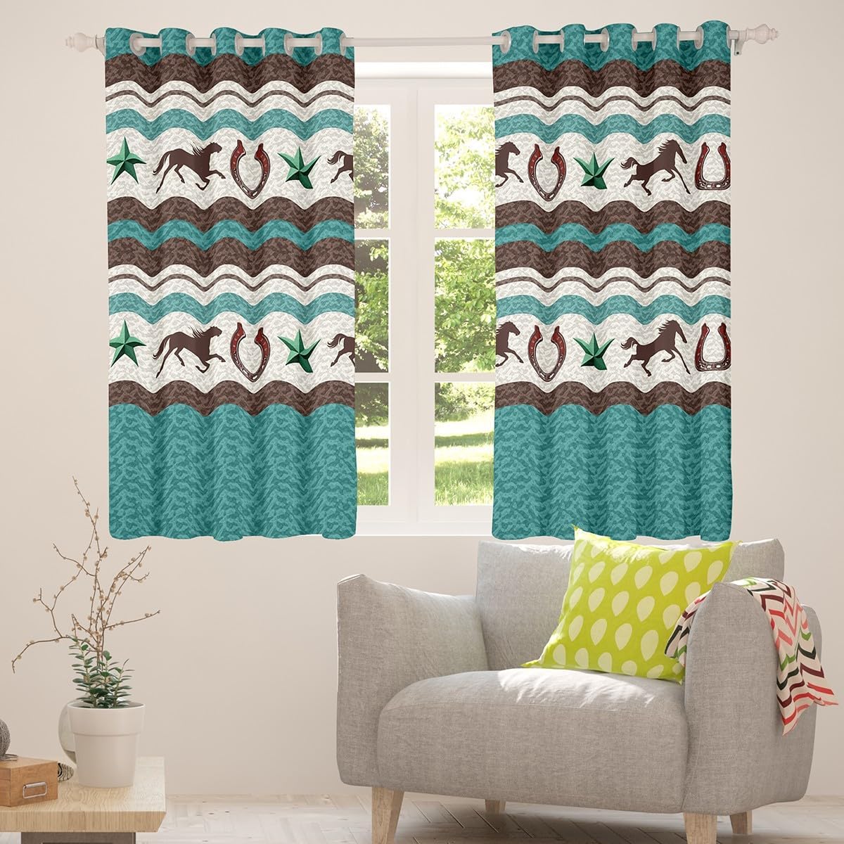 Western Horseshoe Curtain for Bedroom Living Room Retro Cowboy Style Darkening Drapes Women Men Farmhouse Wild West Window Curtains Teal Beige Brown Decor Window Treatments (2 Panels， 42 x 63 Inch)
