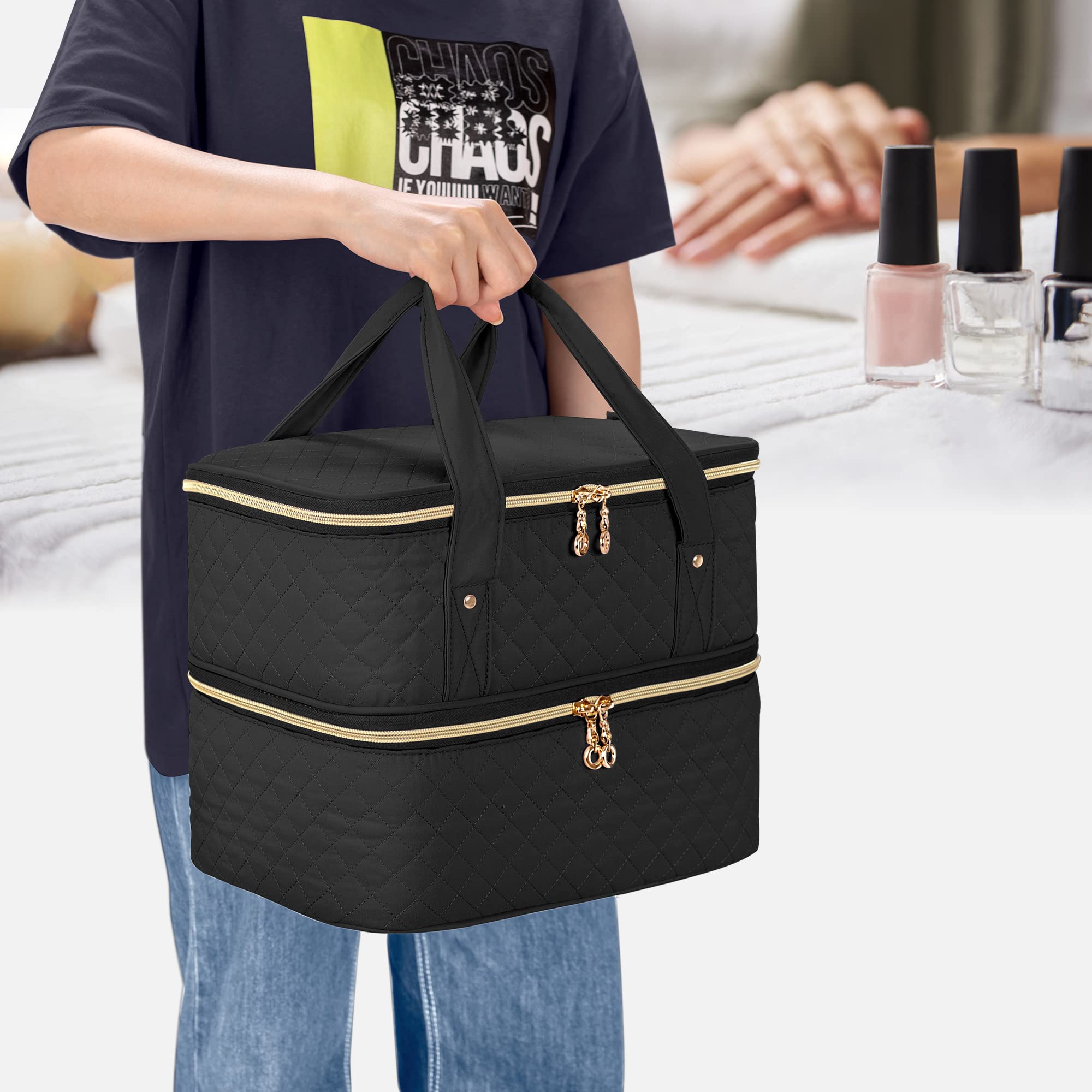 Yarwo Nagellack Tasche Organizer für 50 Flaschen und Nagellampe, Schwarz
