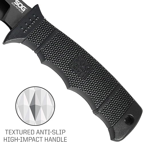Vista 13 de SOG SEAL Cuchillo de hoja fija Pup Elite E37T-CP - negro, TiNi 4,85 pulgadas, hoja AUS-8 parcialmente serrada, mango GRN, funda rígida de nylon.