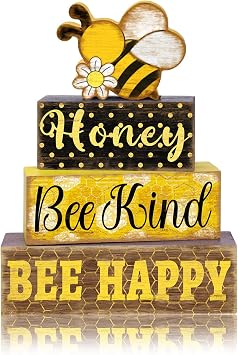 Britimes 4 Pcs Bee Wooden Tiered Tray Decor Set, Bumble Bee Table Decor Spring Daisy Honey Farmhouse Rustic Wooden Summer Coffee Table Centerpieces for Home kitchen Office Decorations