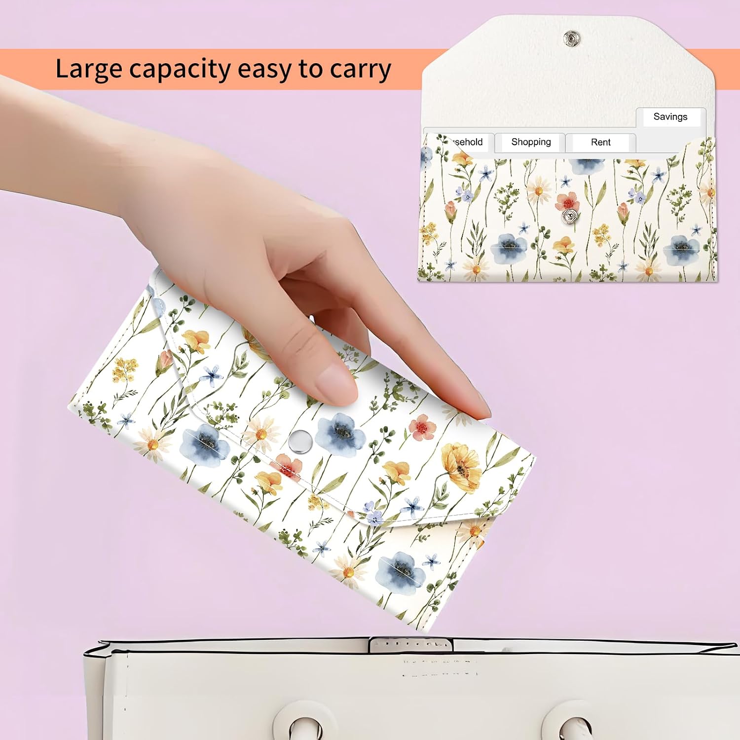 Cash Envelope Wallet, Reusable Budget Money Wallet, Cute PU Leather Money Saving Wallet with 4 Dividers & 1 Sheets Category Stickers Watercolor Wildflowers