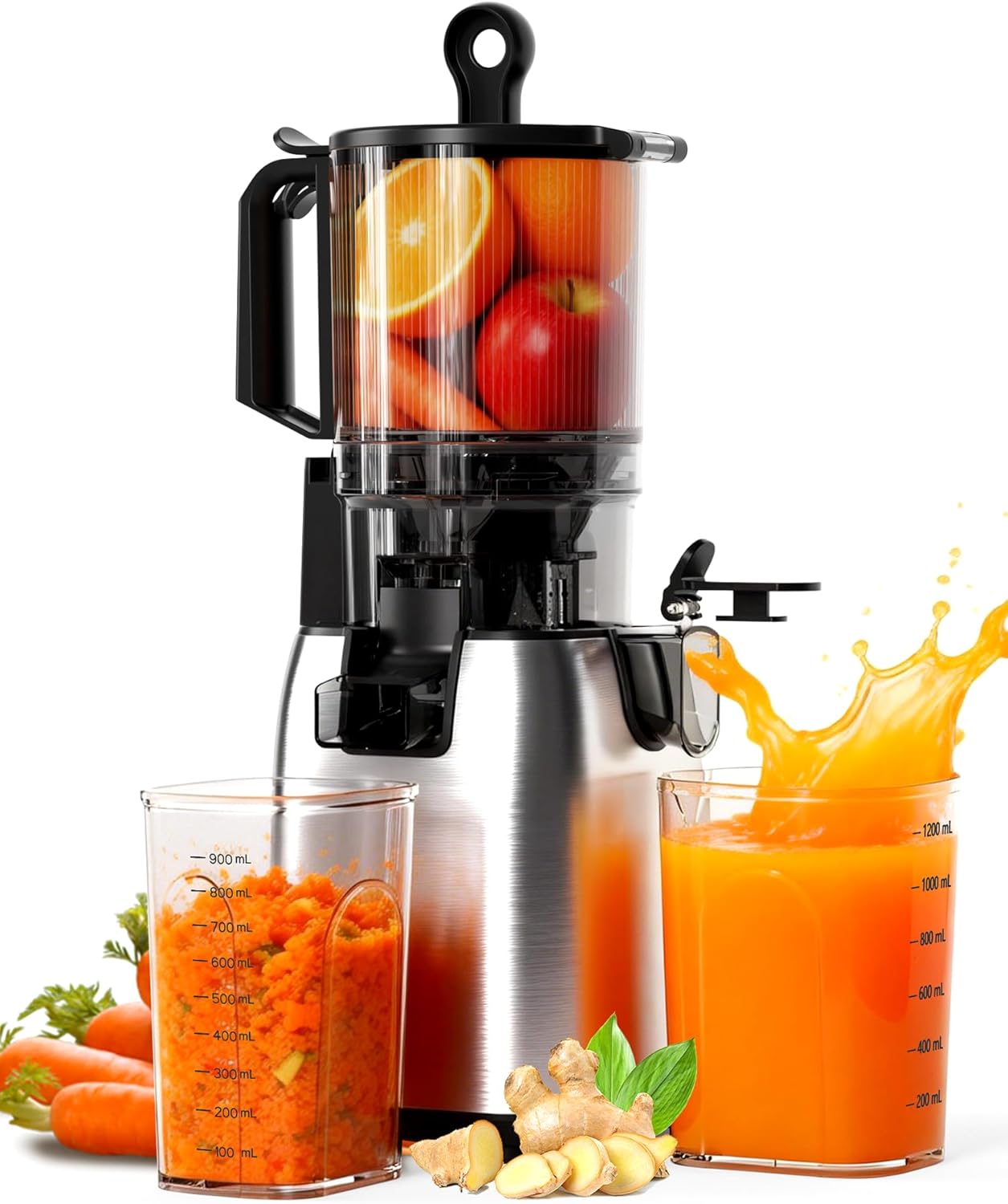 Cold Press Juicer with Stainless Steel Base, 5.4 Inch Wide Feed Chute, Juicer Machines For Whole Fruits & Vegetables, Slow Masticating High Yield Juice Makers