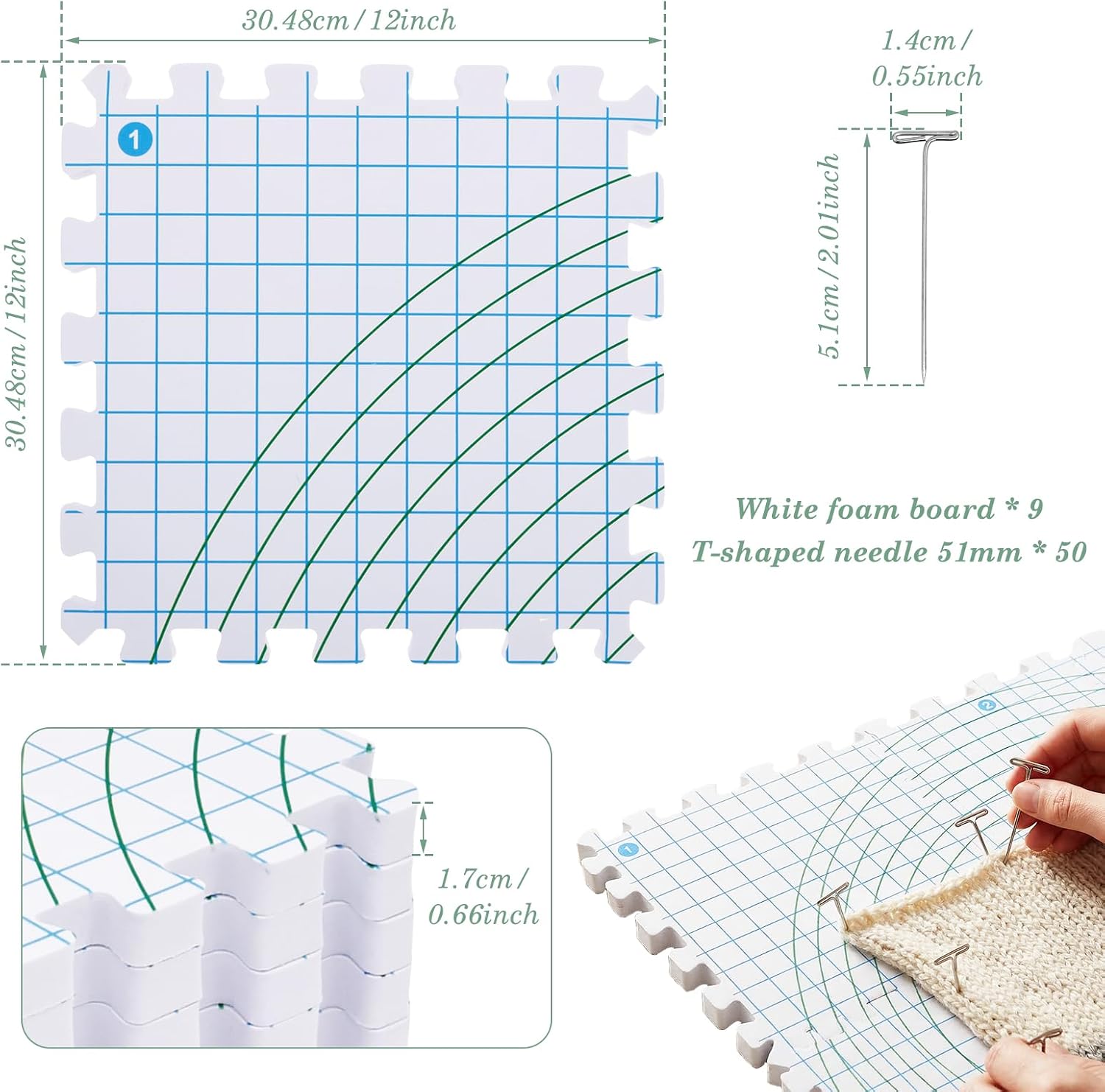 9 Pcs Interlocking Blocking Mats for Knitting and Crochet, Thick EVA Foam Crochet Blocking Board Set with Gridlines, 50 T Pins and Storage Bag