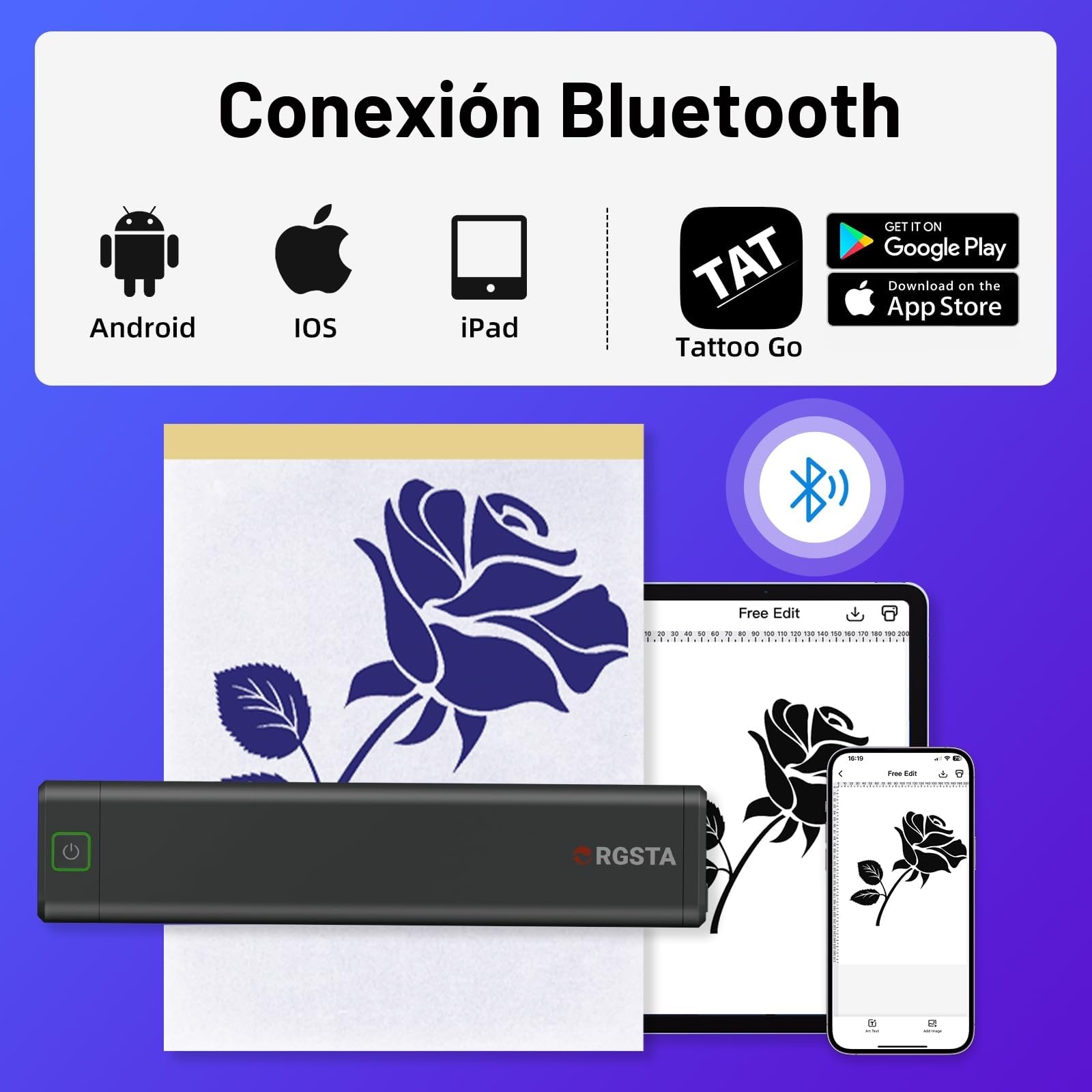 ORGSTA S008 Impresora de Tatuajes Térmica Bluetooth, Dispositivo Transferencia Estarcido Portátil para Principiantes con Papel