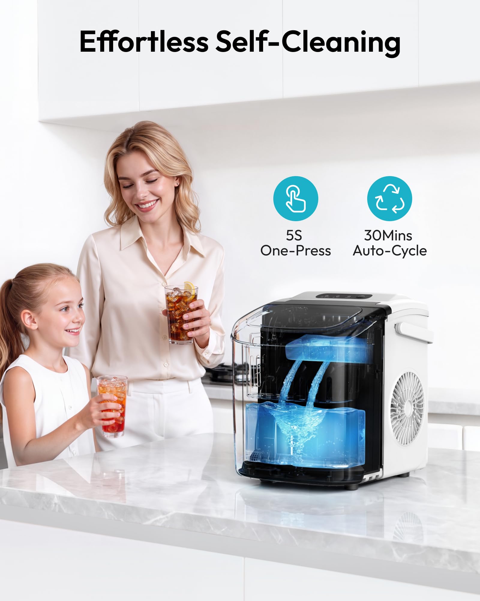 EUHOMY Máquina de cubitos de hielo de acero inoxidable, 24 cubitos de hielo en 13 minutos, 24 kg/24 h, máquina de hielo autolimpiable de 3,2 L con pala de hielo y cesta Blanca
