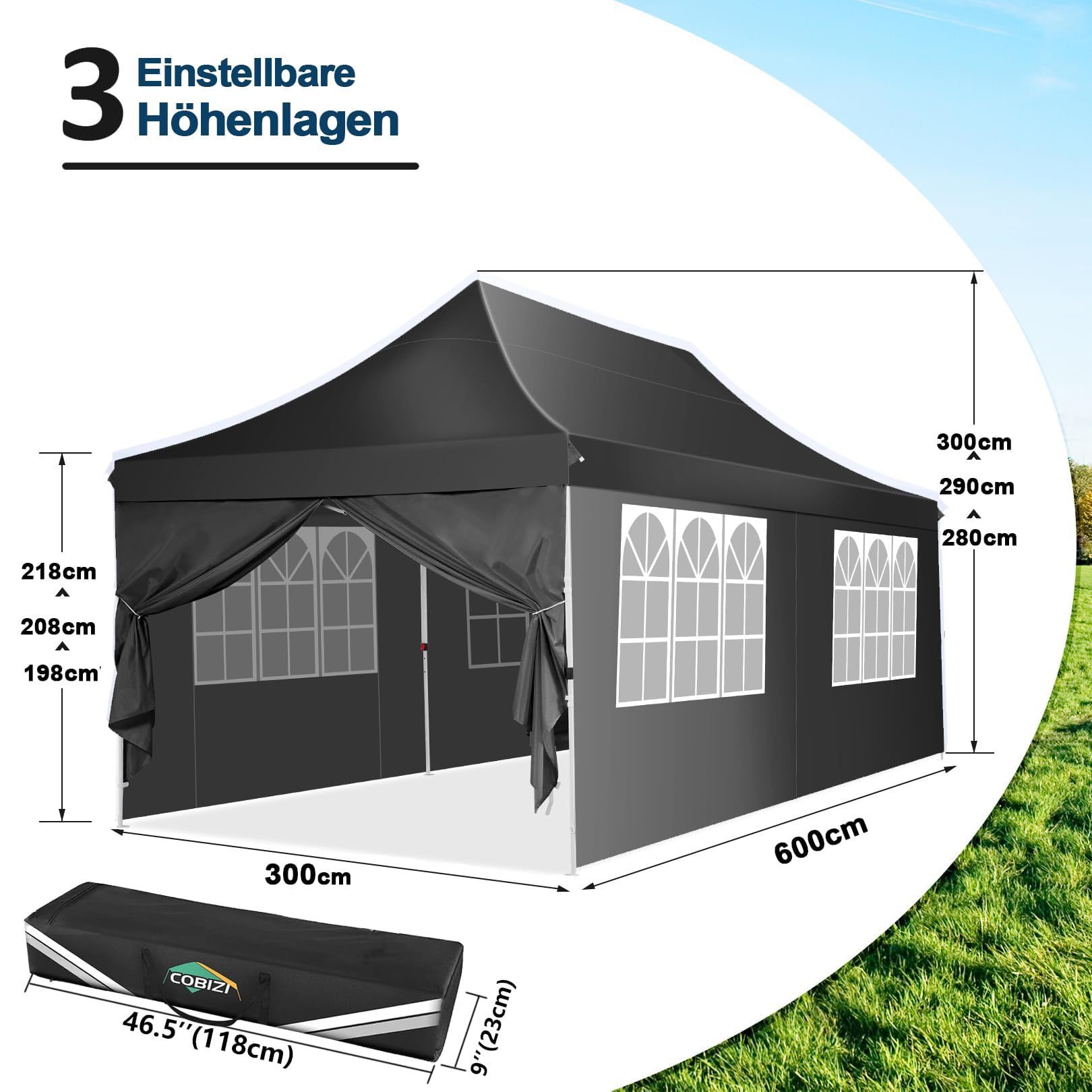 COBIZI Gazebo 3x6 Pieghevole Impermeabile con 6 Parti Laterali, UV 50+ Gazebo da Giardino Tenda Padiglione Pop up con 4 Sacchi di Sabbia, per Campeggio, Festival, Feste