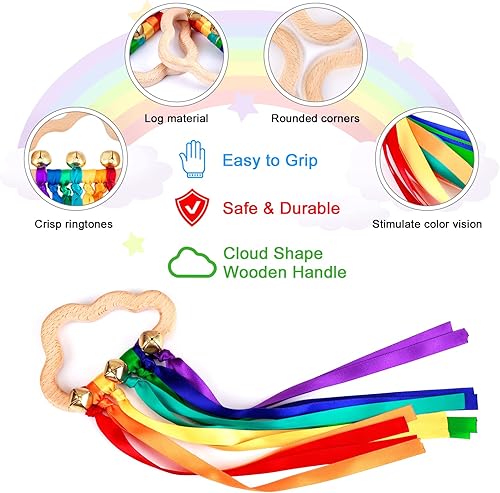 Miniatura 3 de Anillo de cinta sensorial para bebé 2 piezas de cinta de arco iris anillo de cinta de madera natural anillo de madera molar mordedor sensorial