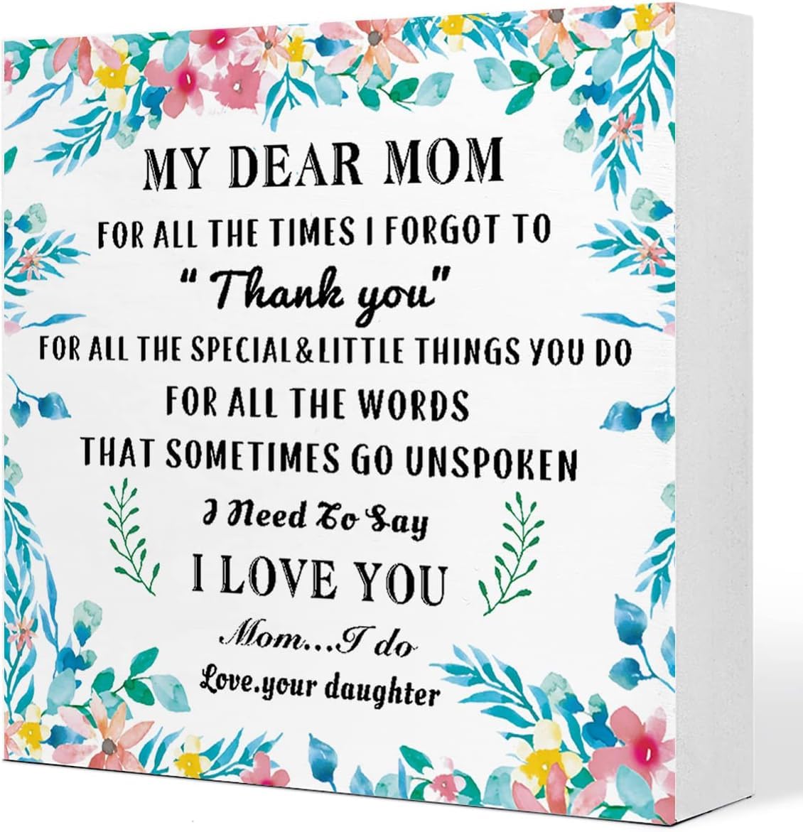 Mom Box Sign 5x5 Inch Floral Wooden Tabletop Gift from Daughter