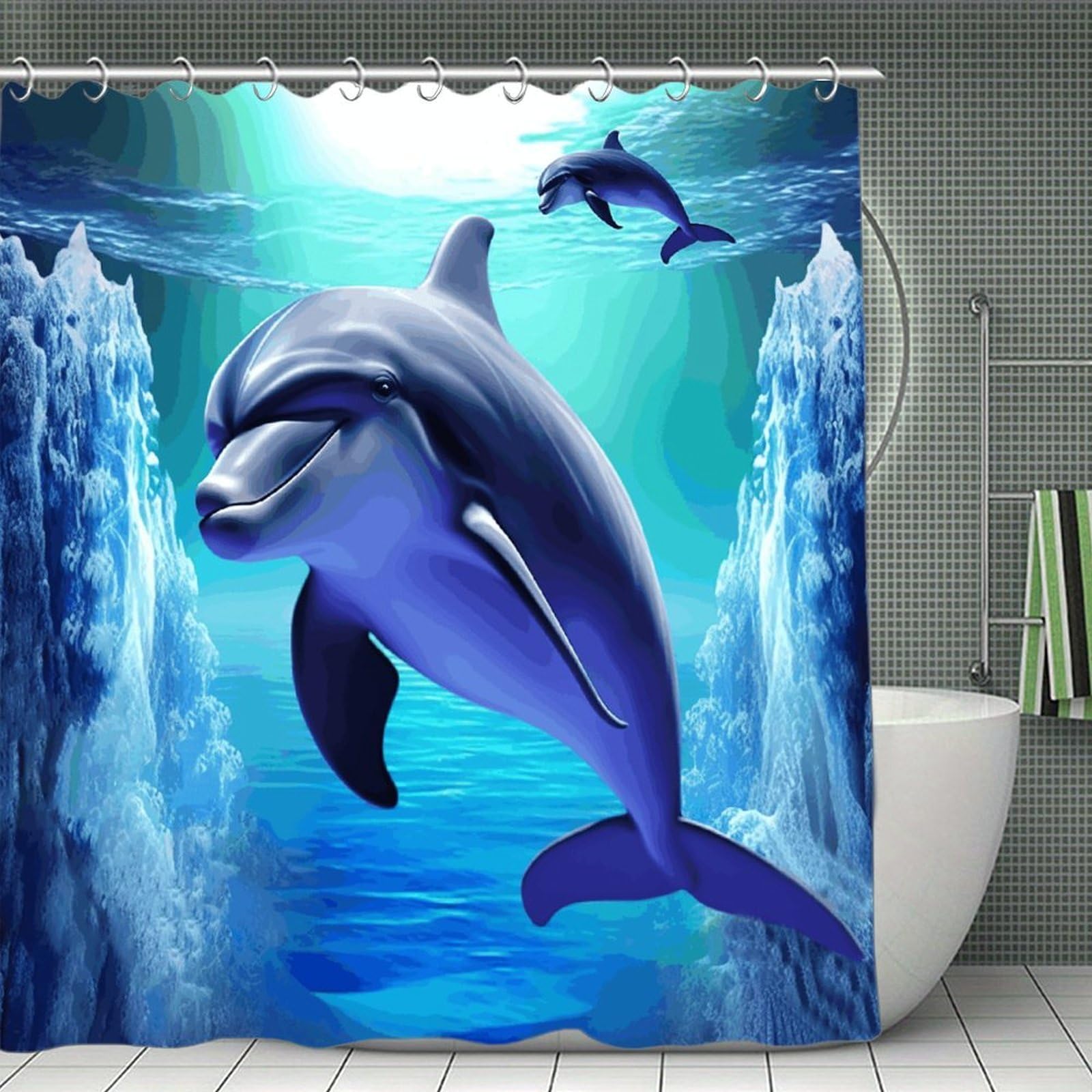 VstaDank Dolphin Shower Curtain Waterproof Bath Curtain with Hooks Heavy Duty Long Curtains for Bathroom Showers Machine Washable Decor Bath Curtains 70.8×70.8Inch