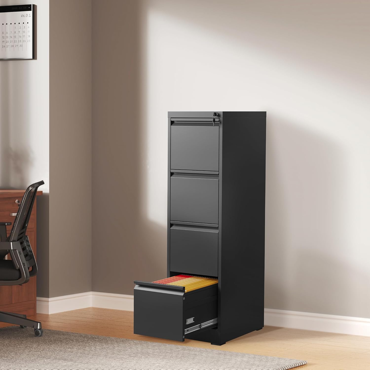 4 Drawer Vertical with Lock, for Home Office, Locking Hanging for A4/ Legal/Letter(Require Assembly, Black)