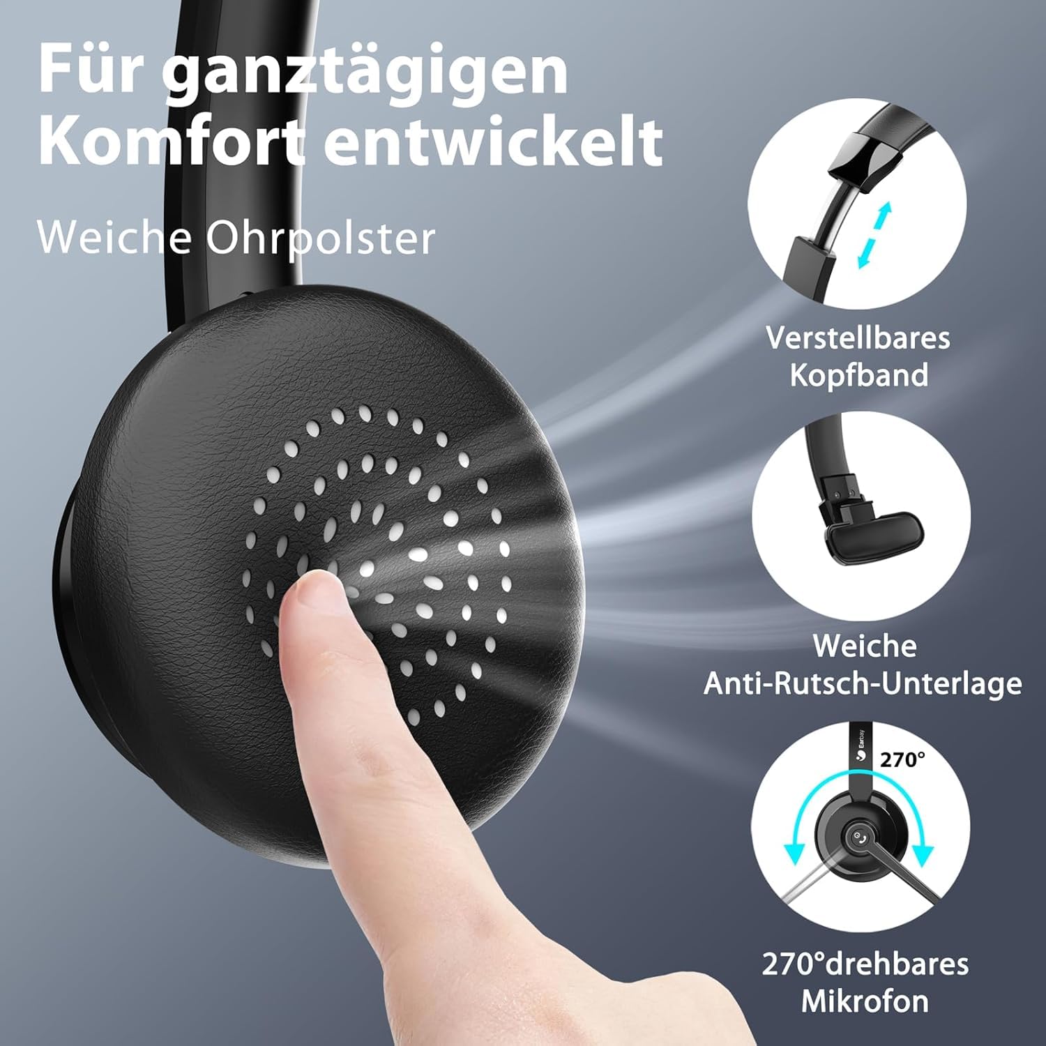 Earbay Headset mit Mikrofon Bluetooth, Kabelloses Headset mit Rauschunterdrückung, inklusive USB-Dongle und praktischer Stummschaltung & Ladestation für Computer/Meeting/Handy/Call Center/Büro
