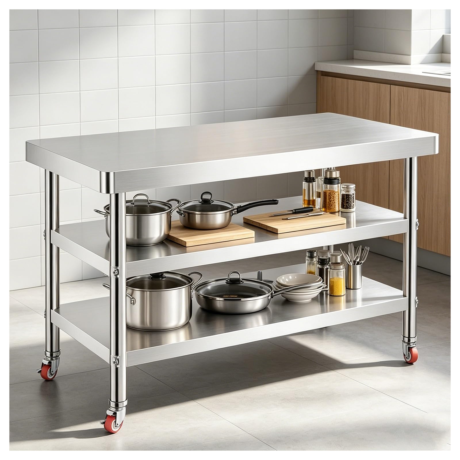 Mesa de trabajo de acero inoxidable con ruedas de 3 niveles y 80cm de altura