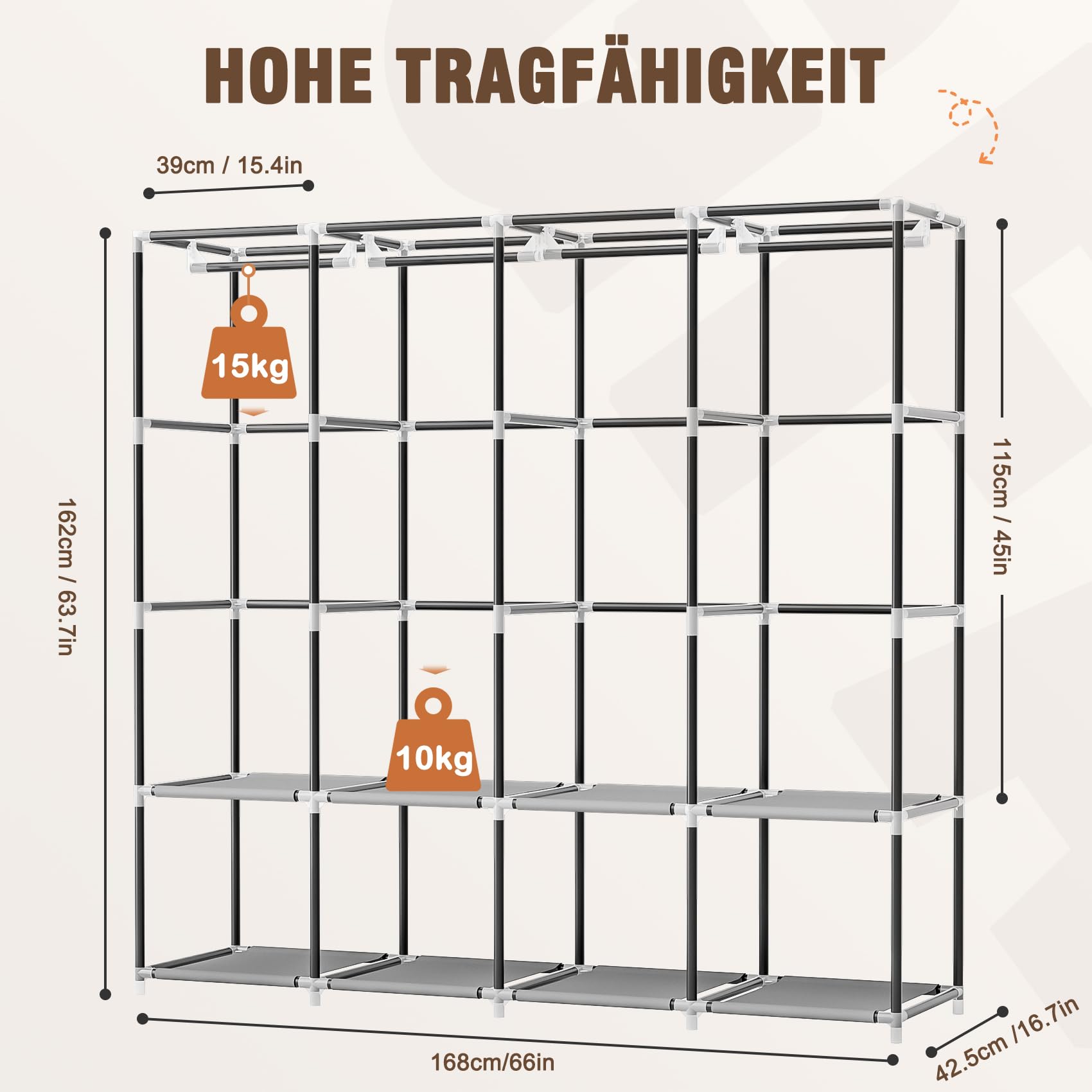 Neatrays Kleiderschrank, Stoffschrank mit 4 Kleiderstange Stabil & 8 Fächern, Faltbarer Kleiderschrank Wardrobe Closet für Kleiderablage Schlafzimmer Ankleidezimmer(Grau)
