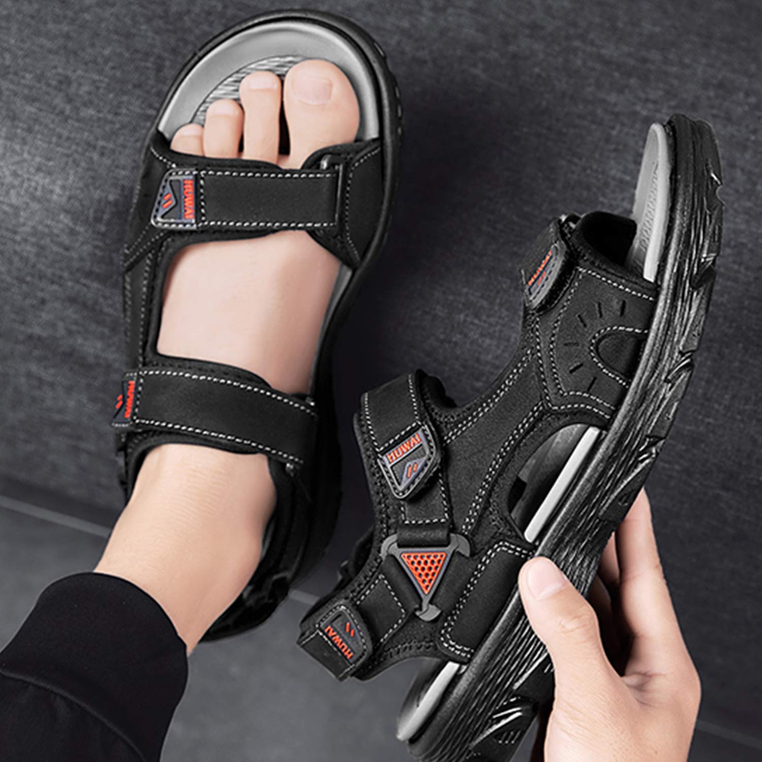 Lvptsh Sandali Sportivi Uomo Sandali de Passeggio Estivi All'aperto Escursionismo Trekking Sandals Pelle Casual Traspirante Spiaggia Sandaletti,Nero 1,EU43