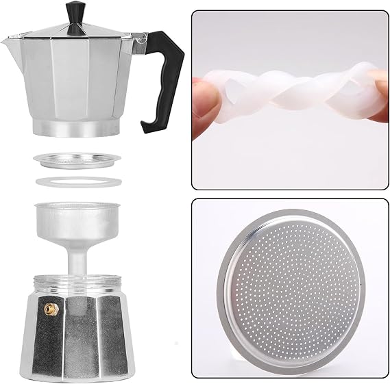 Gasket for 6 Cup Espresso Maker Moka Pot Accessories Gasket for Bialetti Seal, Food-Grade Silicone Gasket Replacement Seal for Coffee Makers 2 Filter and 4 Silicone Gasket for Stovetop Coffee Maker